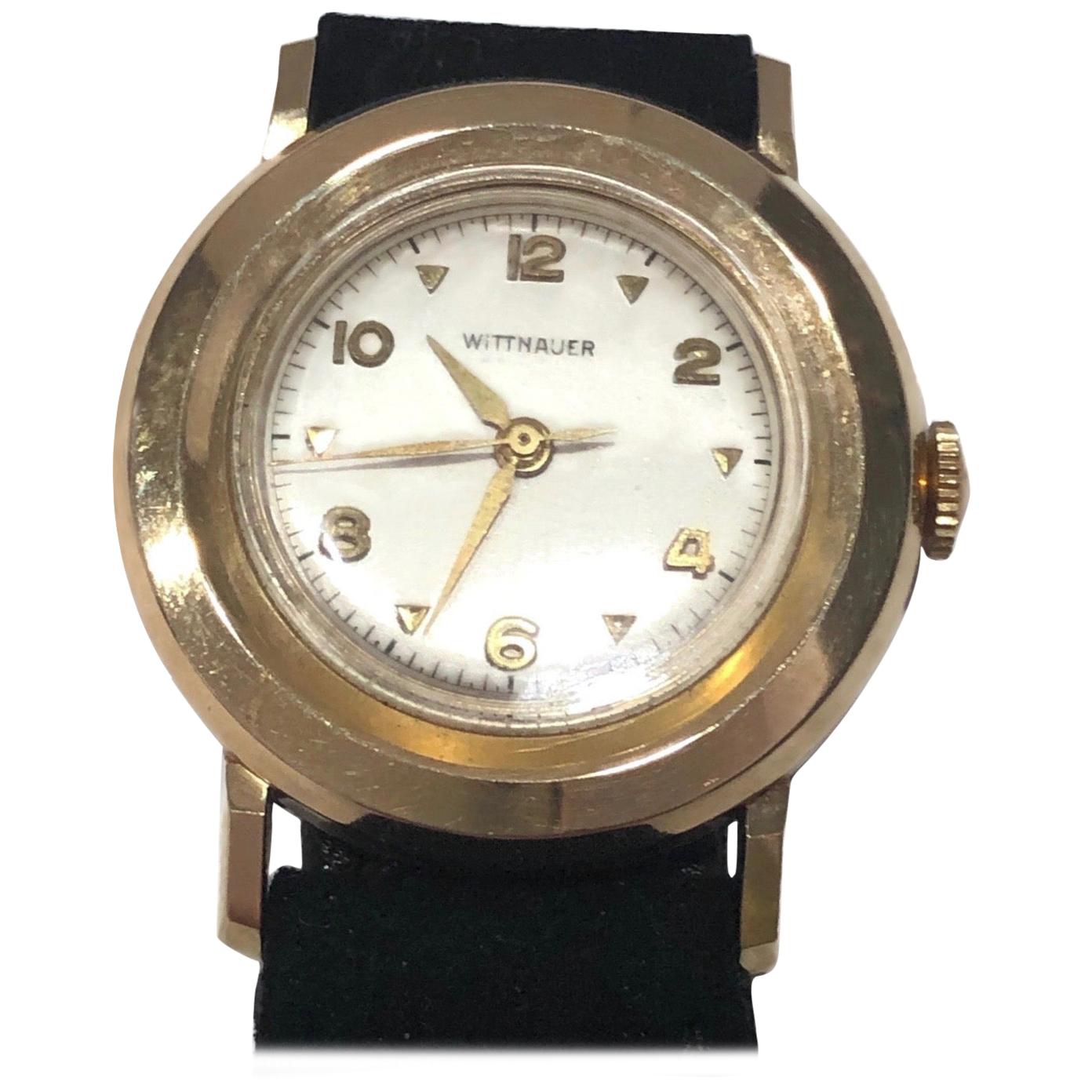 Vintage Deco 14 Karat Gold Wittnauer Automatic Watch with Original Suede Band For Sale