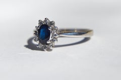 Vintage Deco .46 Carat Sapphire Diamond Halo 14 Karat Gold Engagement Ring