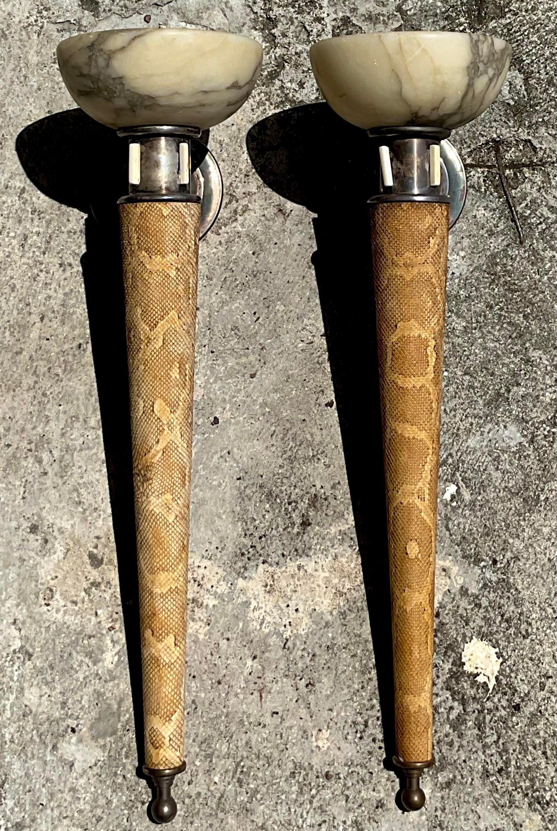 Lámparas de Alabastro y Piel de Serpiente Vintage Decó - Pareja en venta 1
