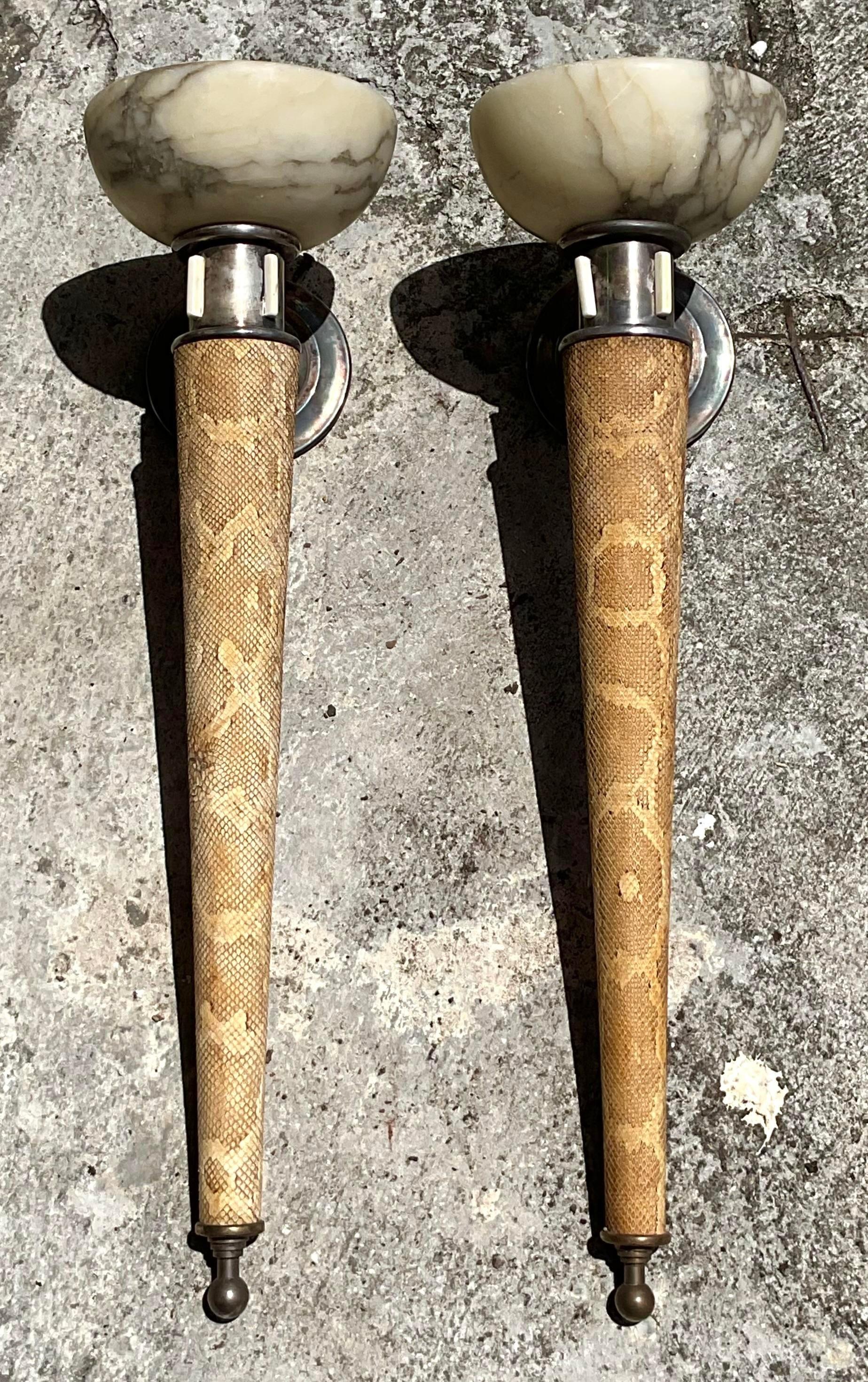 Lámparas de Alabastro y Piel de Serpiente Vintage Decó - Pareja en venta 2