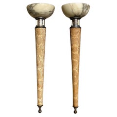 Vintage Deco Alabaster and Snake Skin Torcherie Sconces - a Pair