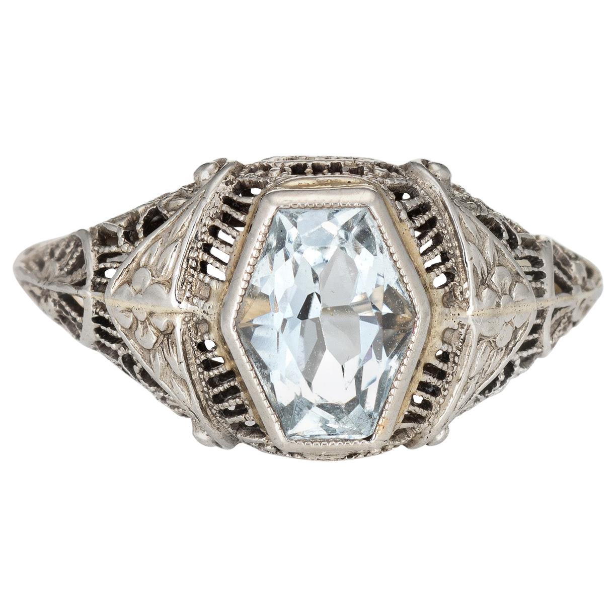 Vintage Deco Aquamarine Ring Antique 18 Karat White Gold Filigree Estate Jewelry