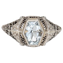 Antique Deco Aquamarine Ring Antique 18 Karat White Gold Filigree Estate Jewelry