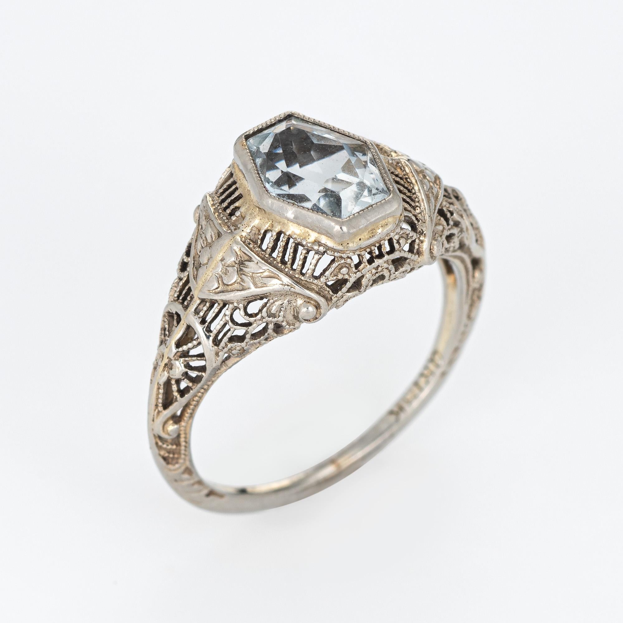 Finely detailed vintage Art Deco era aquamarine filigree ring (circa 1920s to 1930s) crafted in 18k white gold. 

The aquamarine measures 7mm x 5.5mm and is estimated at 1.10 carats. The aquamarine is in excellent condition and free of cracks or