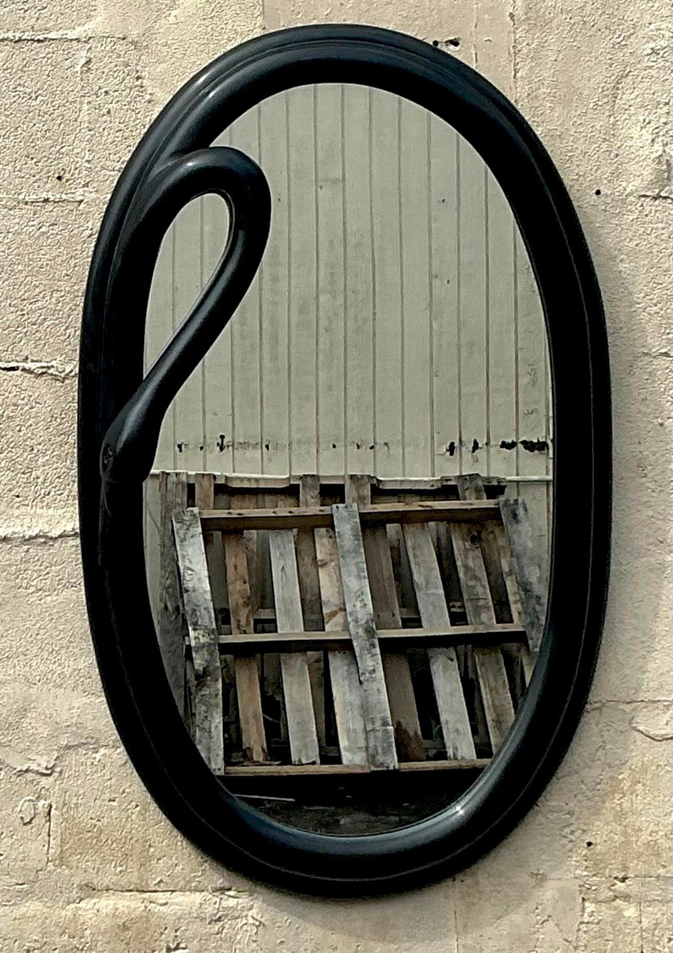 Vintage Deco Black Swan Mirror In Good Condition In West Palm Beach, FL