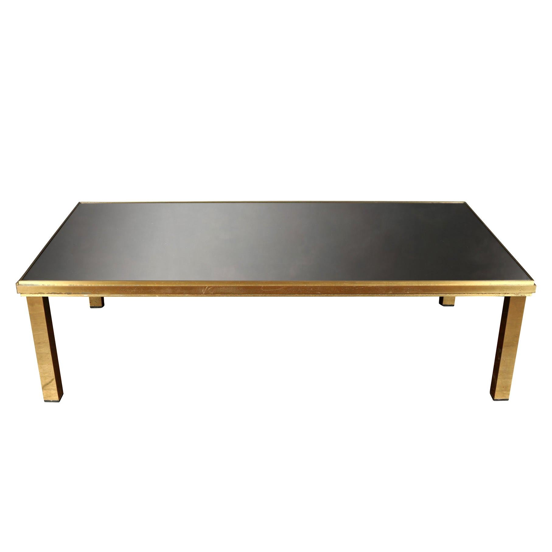 Vintage Deco Brass Coffee Table with Black Glass Top For Sale