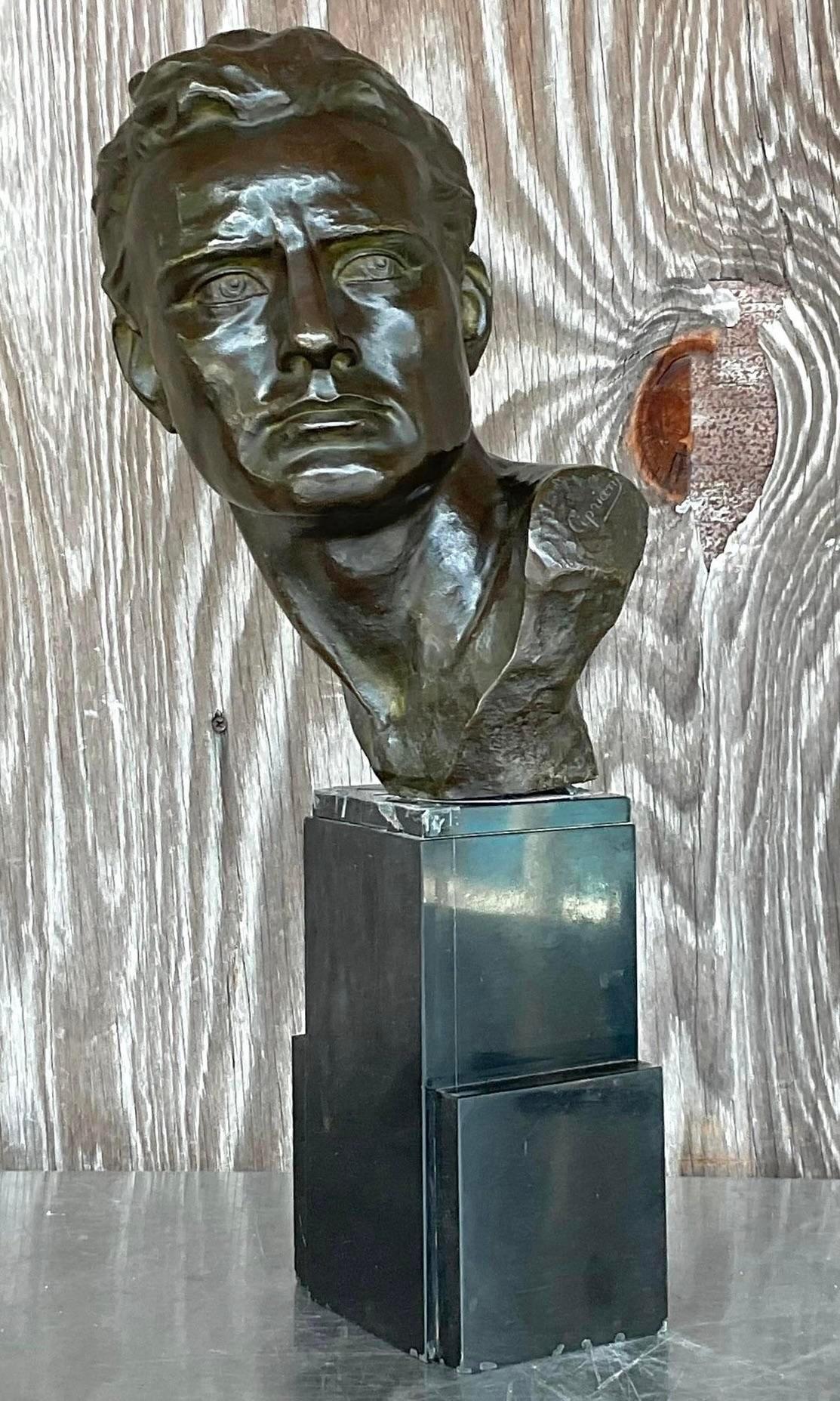 Mid-Century Modern Vintage Deco Bronze Bust of Man After Cipriani For Sale
