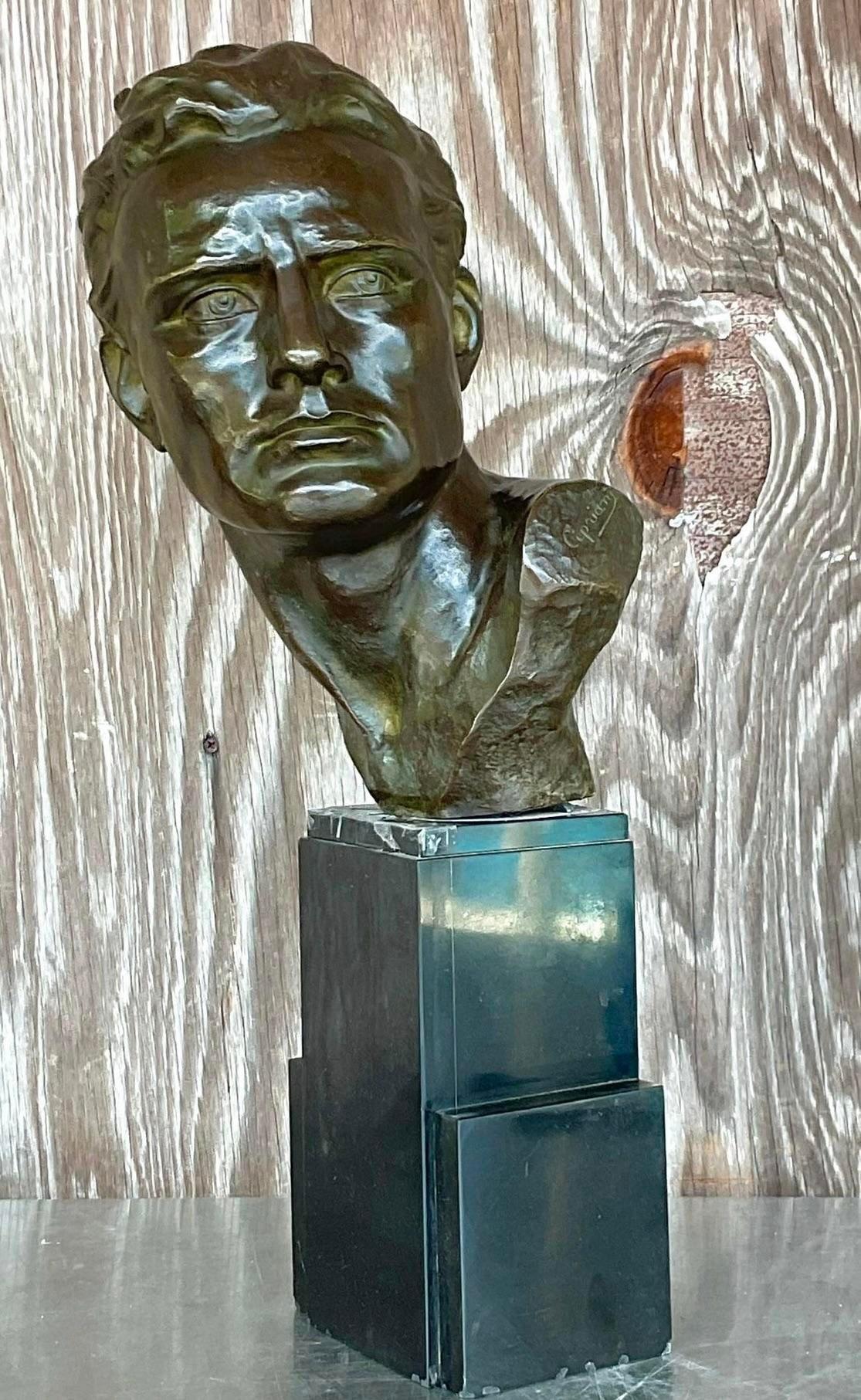 Vintage Deco Bronze Bust of Man After Cipriani In Good Condition For Sale In west palm beach, FL