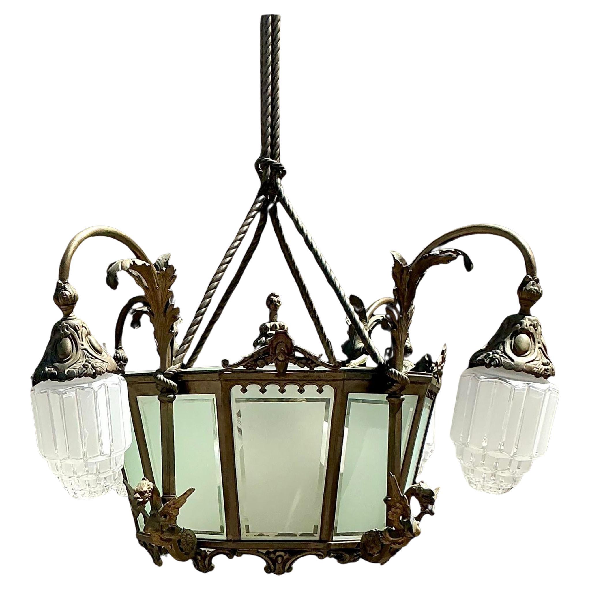 Vintage Deco Bronze Dragon Chandelier