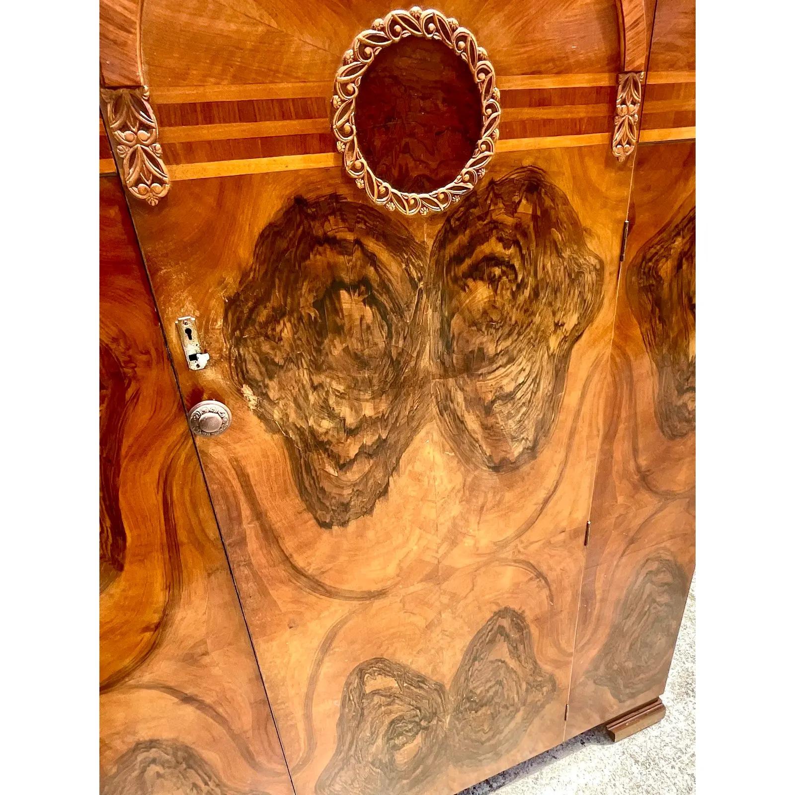 Vintage Deco Burl Wood Armoire In Good Condition In west palm beach, FL