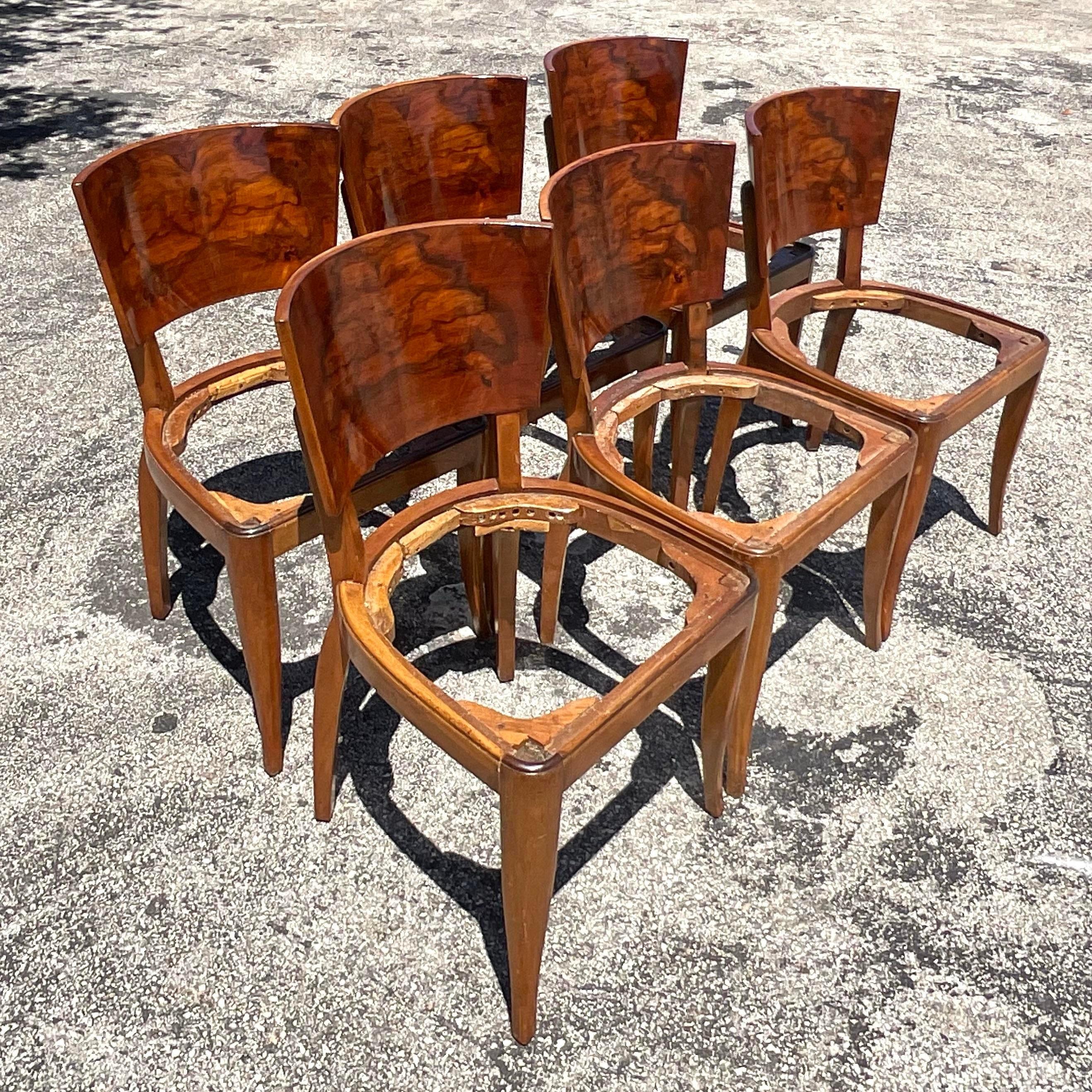 Art Deco Vintage Deco Burl Wood Dining Chairs - Set of 6 For Sale