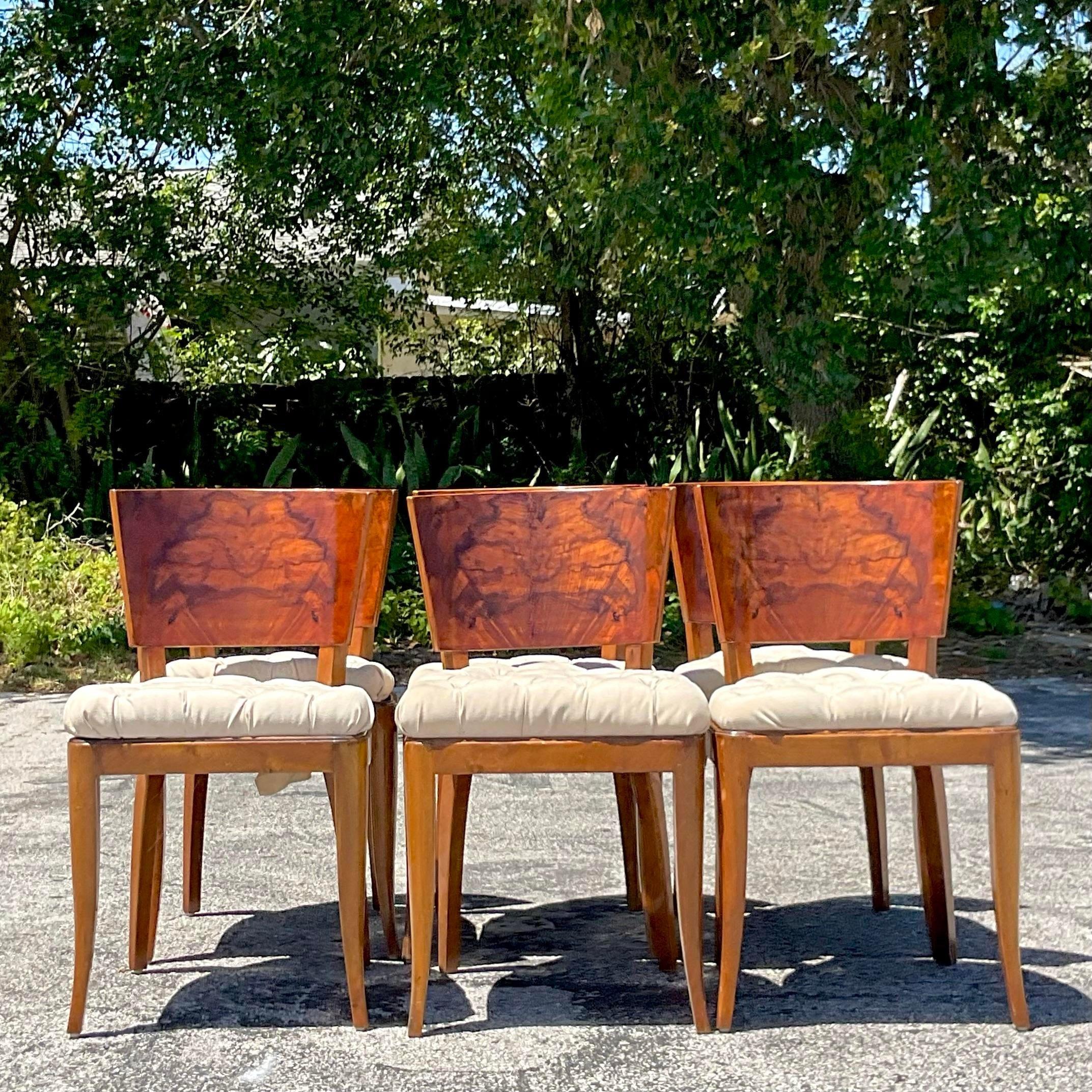 American Vintage Deco Burl Wood Dining Chairs - Set of 6 For Sale