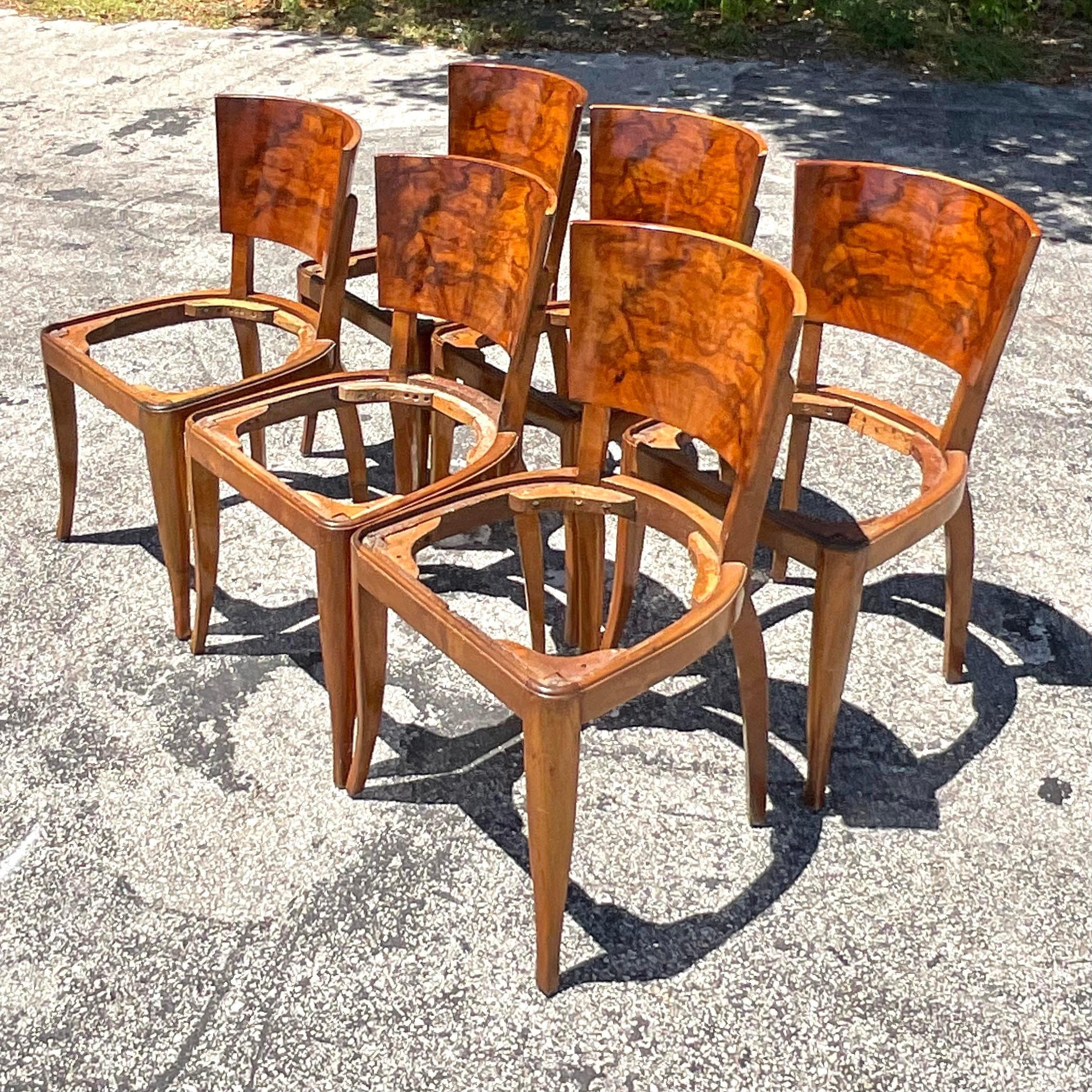 Vintage Deco Burl Wood Esszimmerstühle - Satz von 6 im Zustand „Gut“ im Angebot in west palm beach, FL
