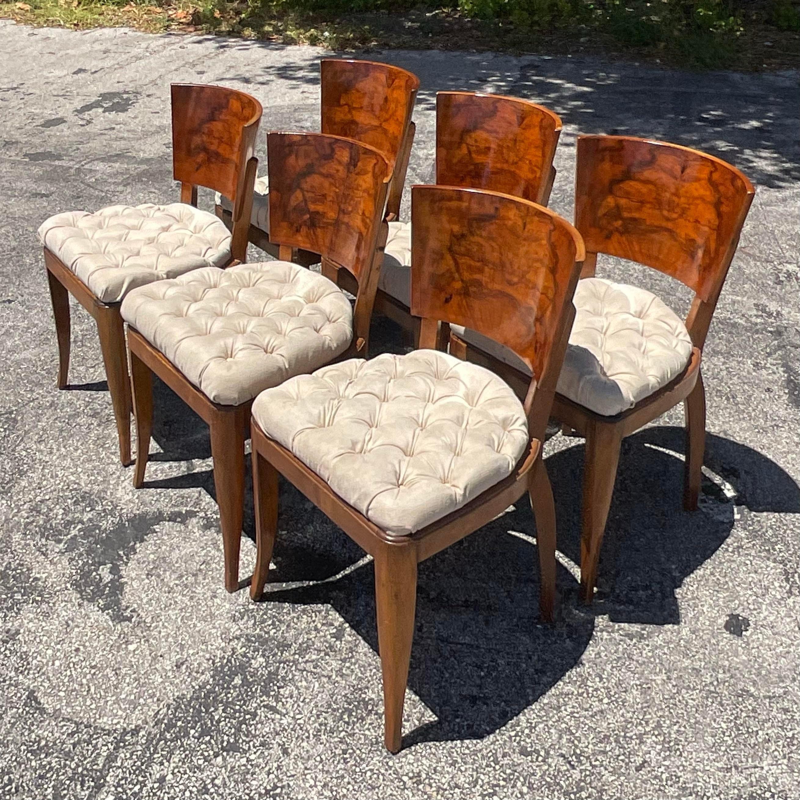 20th Century Vintage Deco Burl Wood Dining Chairs - Set of 6 For Sale