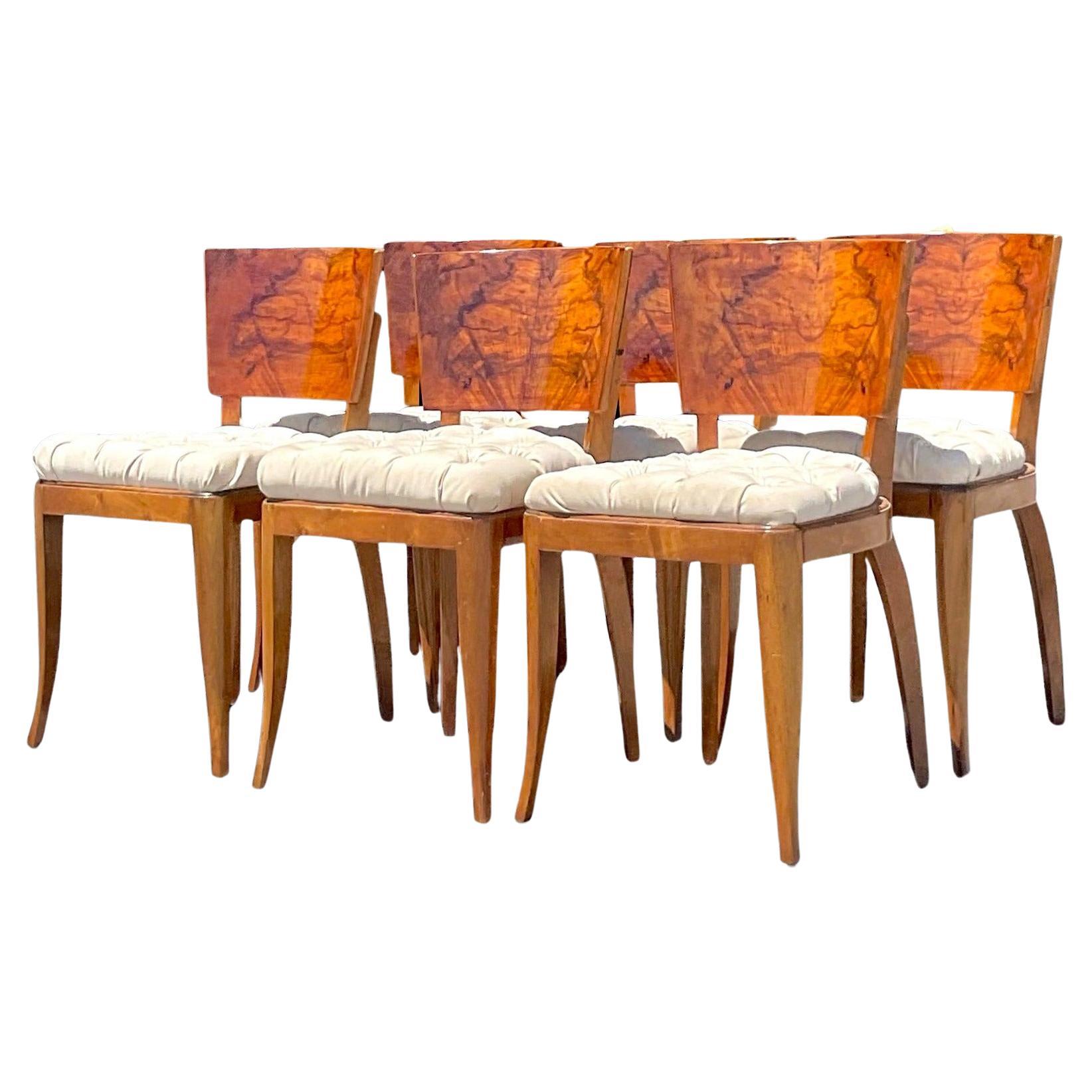 Vintage Deco Burl Wood Dining Chairs - Set of 6 For Sale