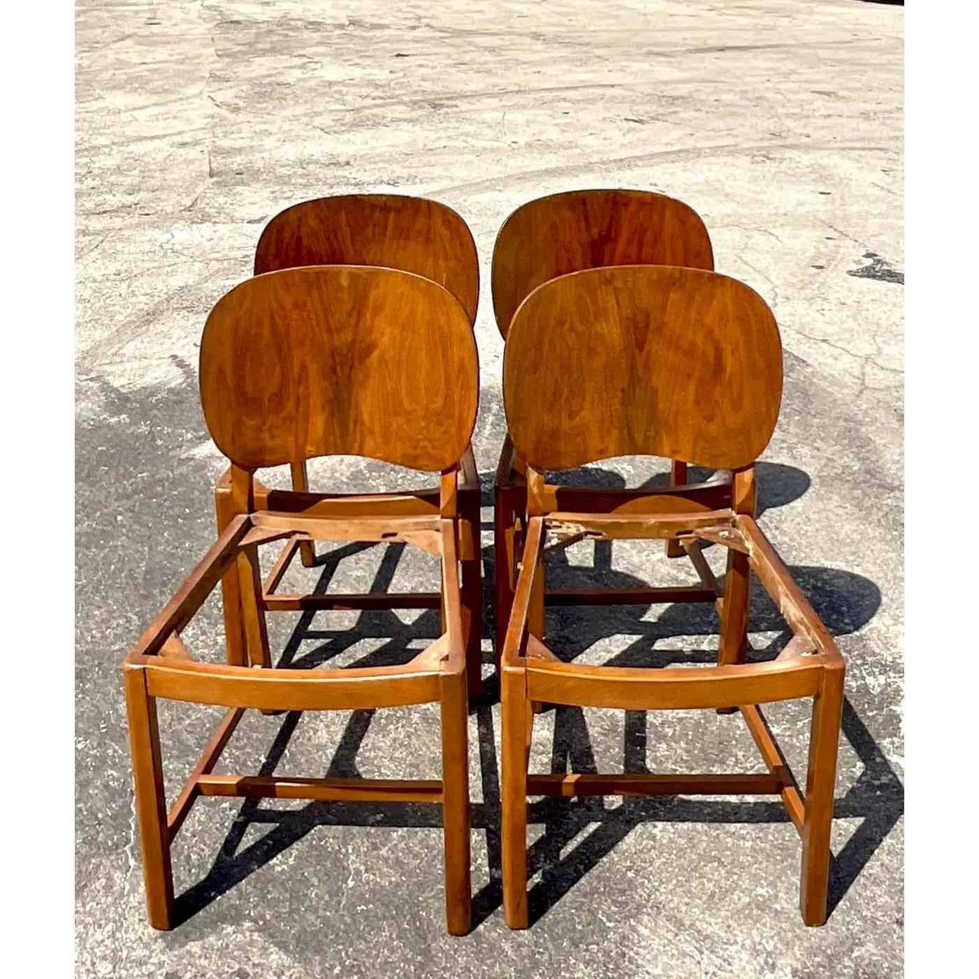 Art Deco Vintage Deco Burl Wood Paddle Back Dining Chairs, Set of Four