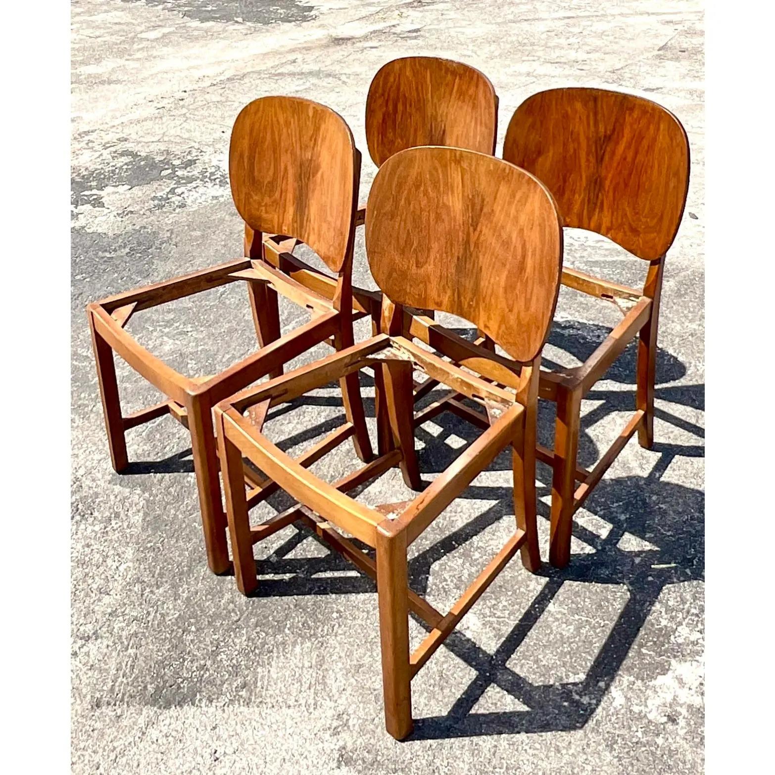 North American Vintage Deco Burl Wood Paddle Back Dining Chairs, Set of Four