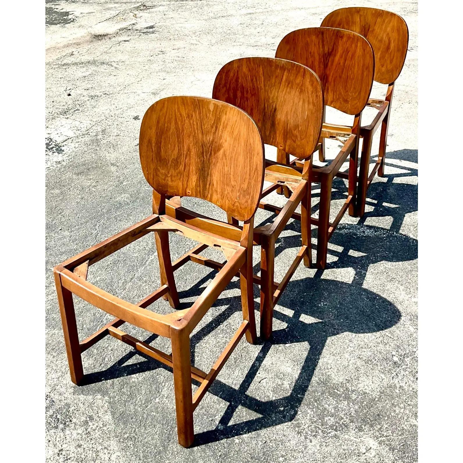 Vintage Deco Burl Wood Paddle Back Dining Chairs, Set of Four In Good Condition In west palm beach, FL