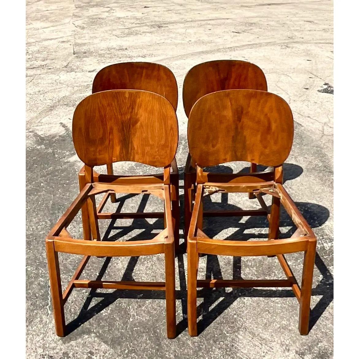 20th Century Vintage Deco Burl Wood Paddle Back Dining Chairs, Set of Four