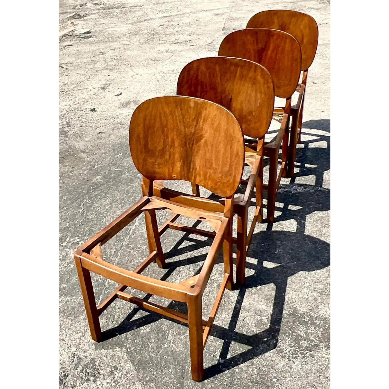Vintage Deco Burl Wood Paddle Back Dining Chairs, Set of Four 1