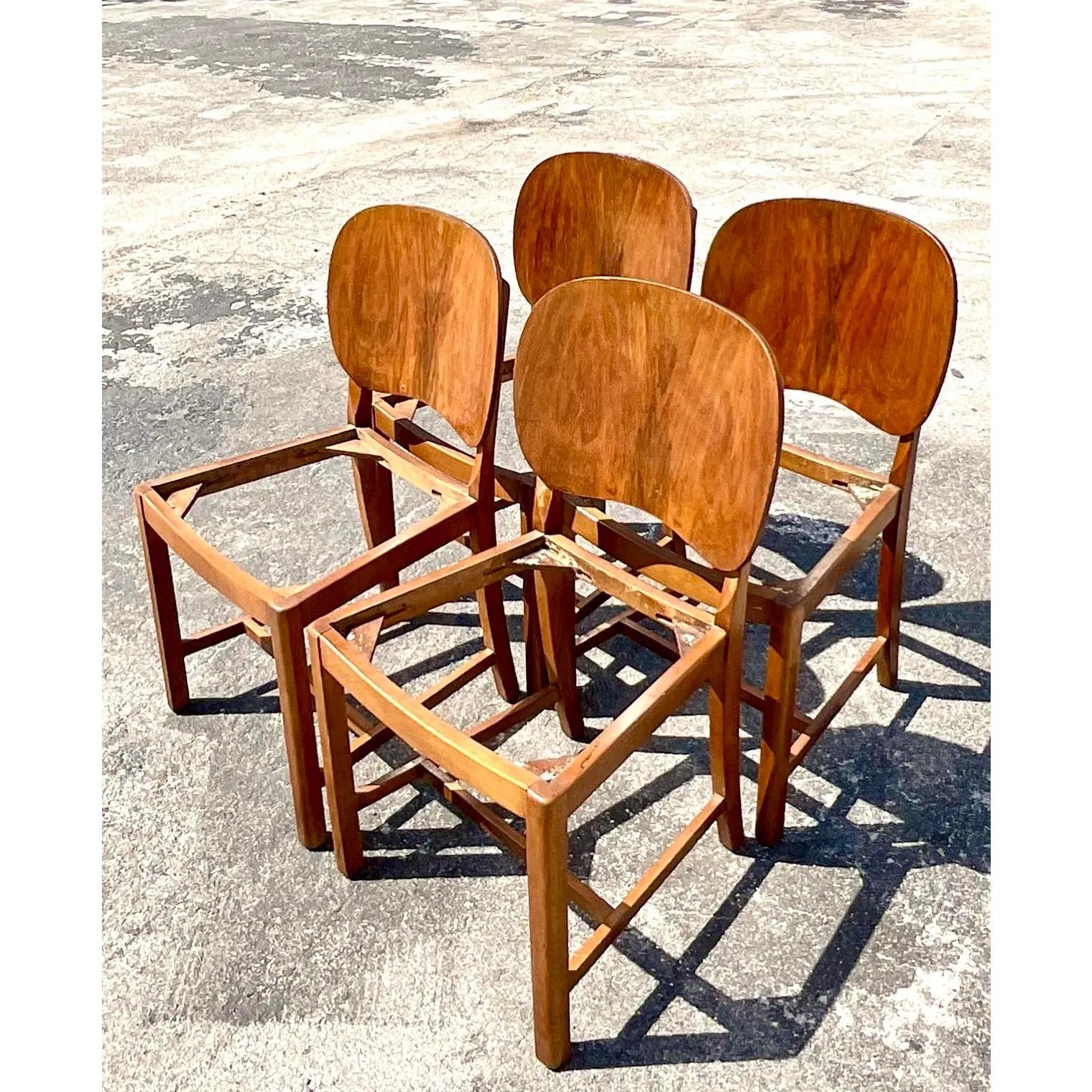 Vintage Deco Burl Wood Paddle Back Dining Chairs, Set of Four 3