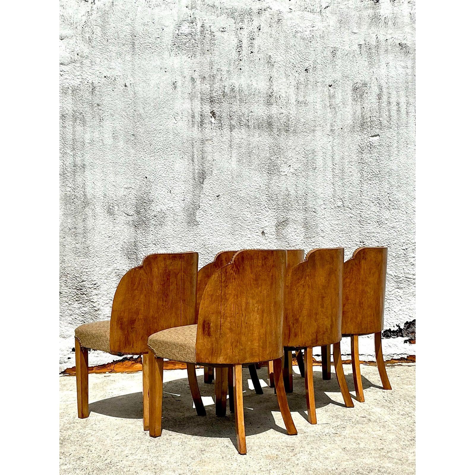 Mid-Century Modern Vintage Deco Burled Walnut Dining Chairs After Harry and Lou Epstein - Set of 6 For Sale