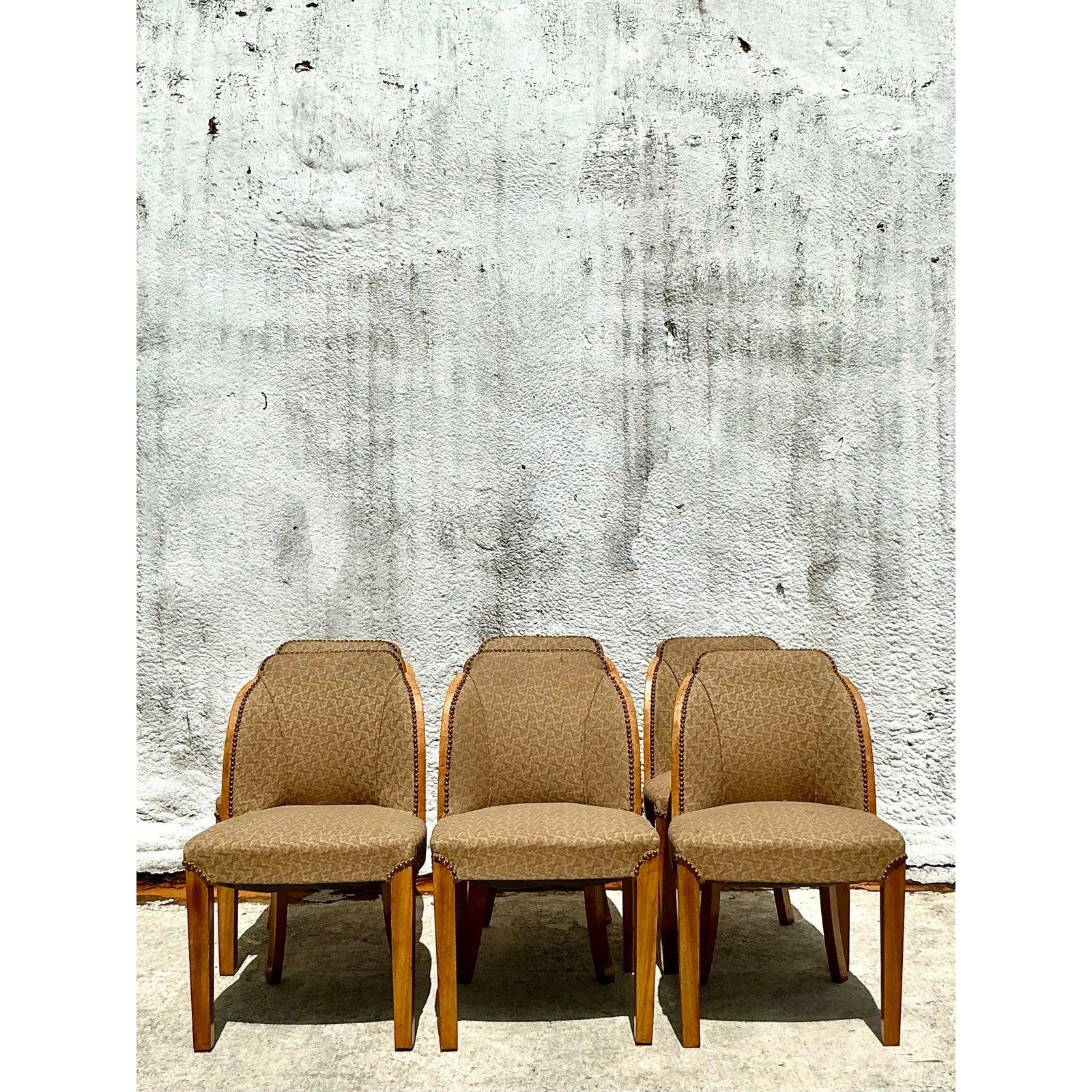 American Vintage Deco Burled Walnut Dining Chairs After Harry and Lou Epstein - Set of 6 For Sale
