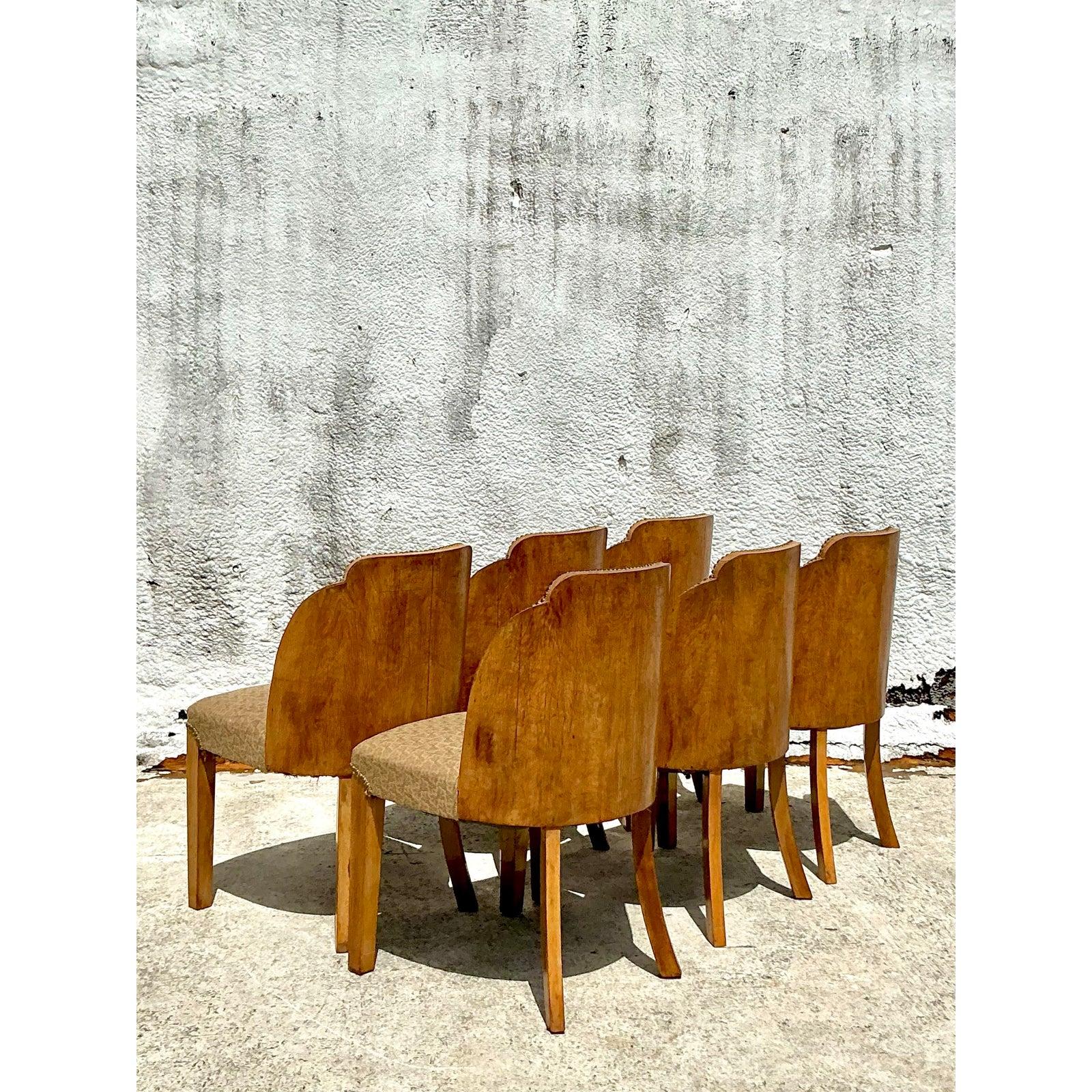 Vintage Deco Burled Walnut Dining Chairs After Harry and Lou Epstein - Set of 6 In Good Condition For Sale In west palm beach, FL