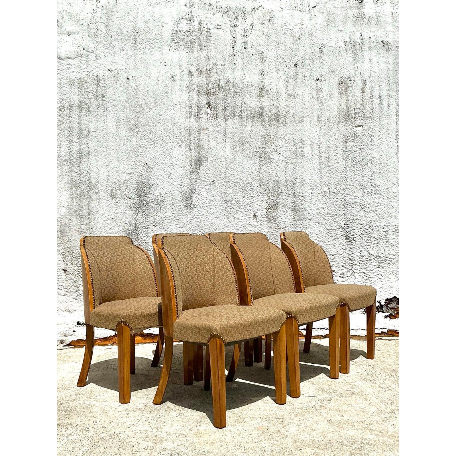 20th Century Vintage Deco Burled Walnut Dining Chairs After Harry and Lou Epstein - Set of 6 For Sale