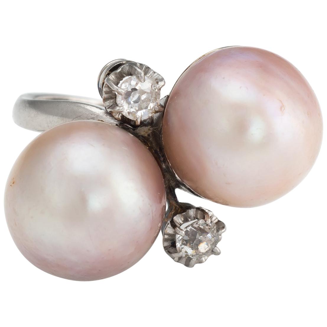 Vintage Deco Cultured Pink Pearl Diamond Ring Moi et Toi Platinum Jewelry