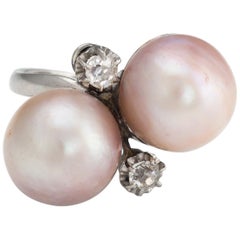 Vintage Deco Cultured Pink Pearl Diamond Ring Moi et Toi Platinum Jewelry