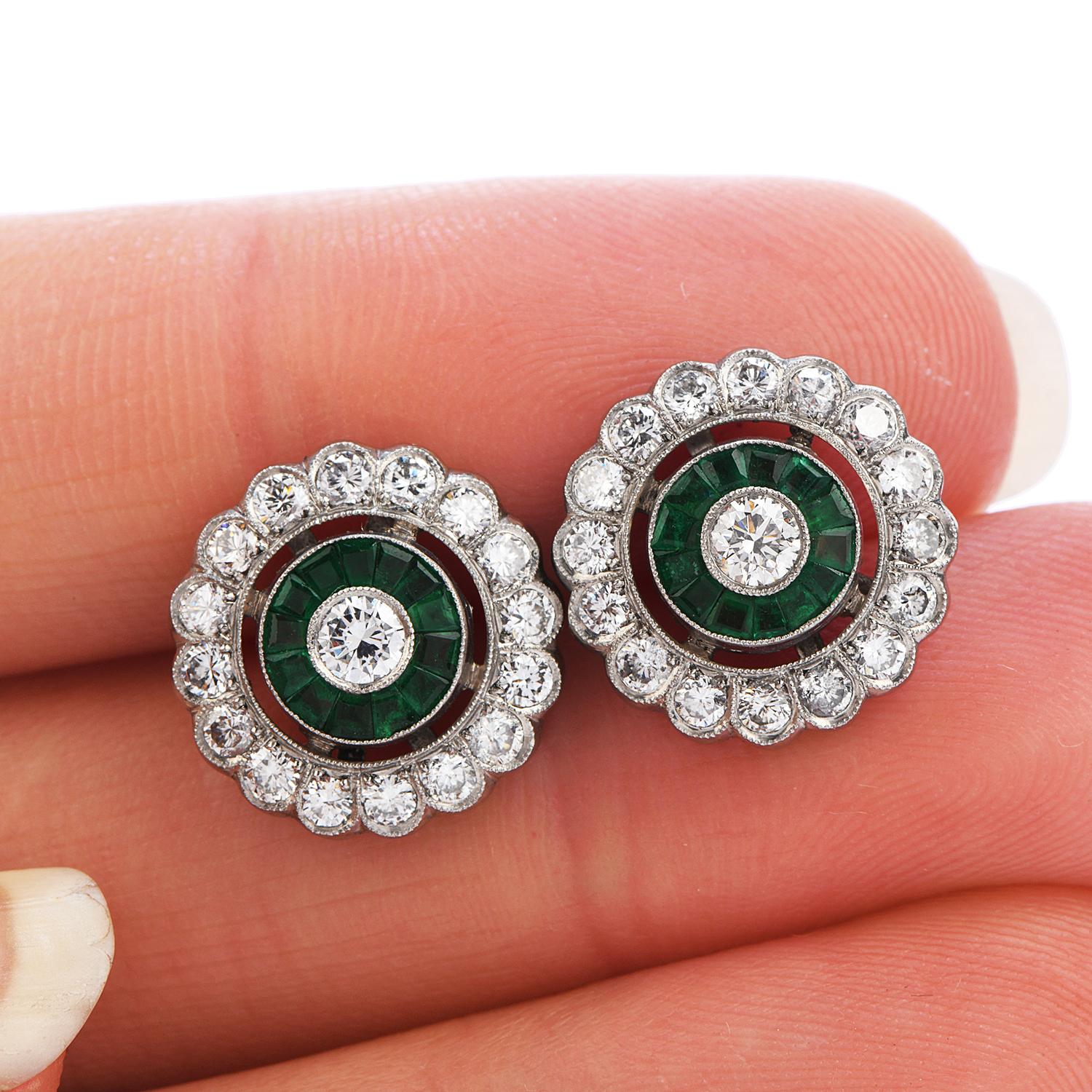 Art Deco Diamond Emerald Platinum Flower Stud Earrings