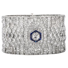 Vintage Deco Diamond Sapphire Art Deco Wide Platinum Bracelet