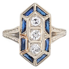 Vintage Deco Diamond Sapphire Ring Antique 18 Karat White Gold Dinner Plaque