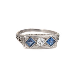 Vintage Deco Diamond Sapphire Ring Antique Jewelry Filigree Square Bridge