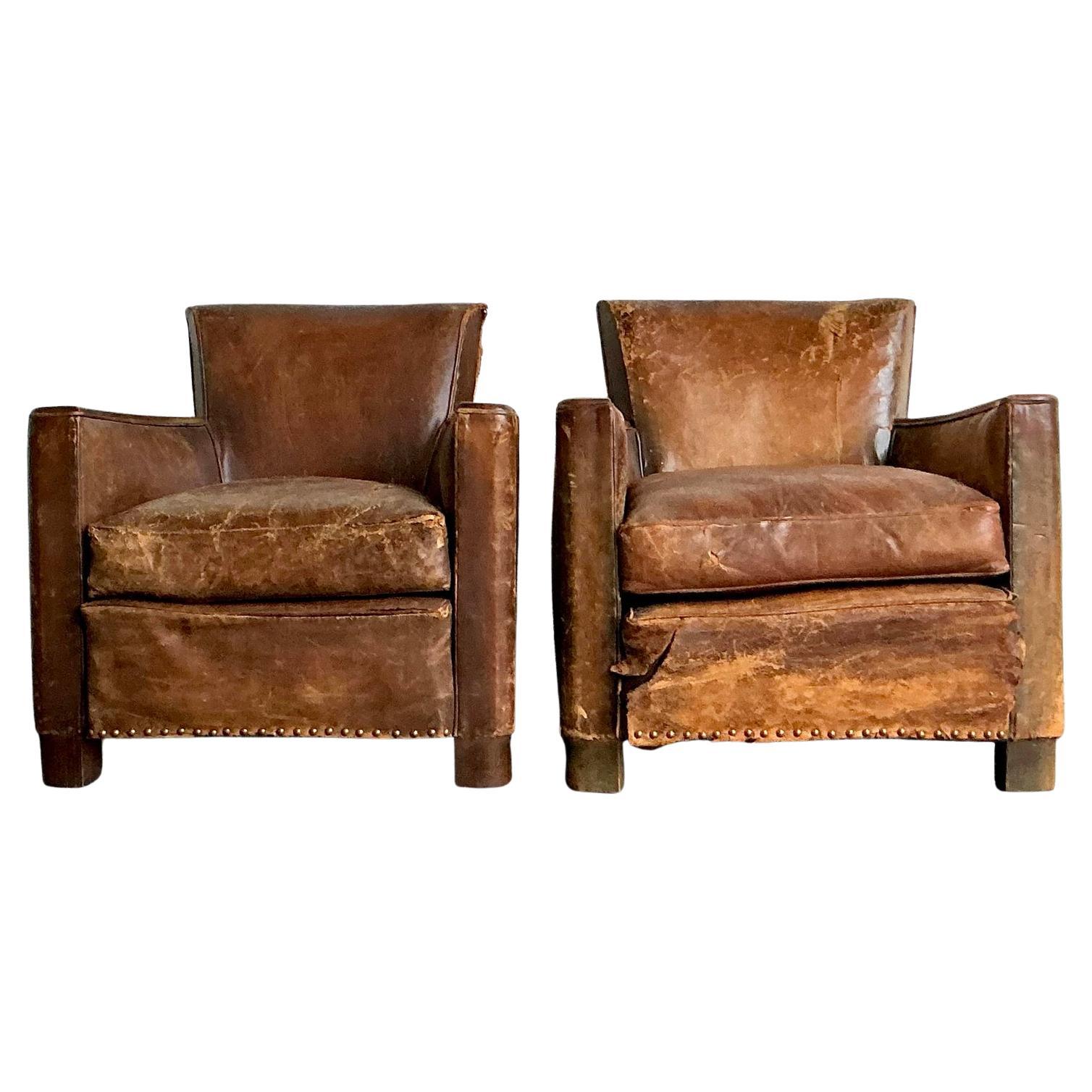 Vintage Deco Distressed Leather Lounge Chairs - A Pair For Sale