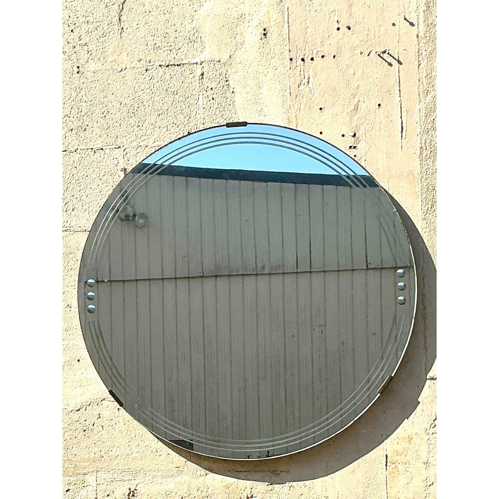 Art déco Vintage Deco Etched Round Mirror en vente