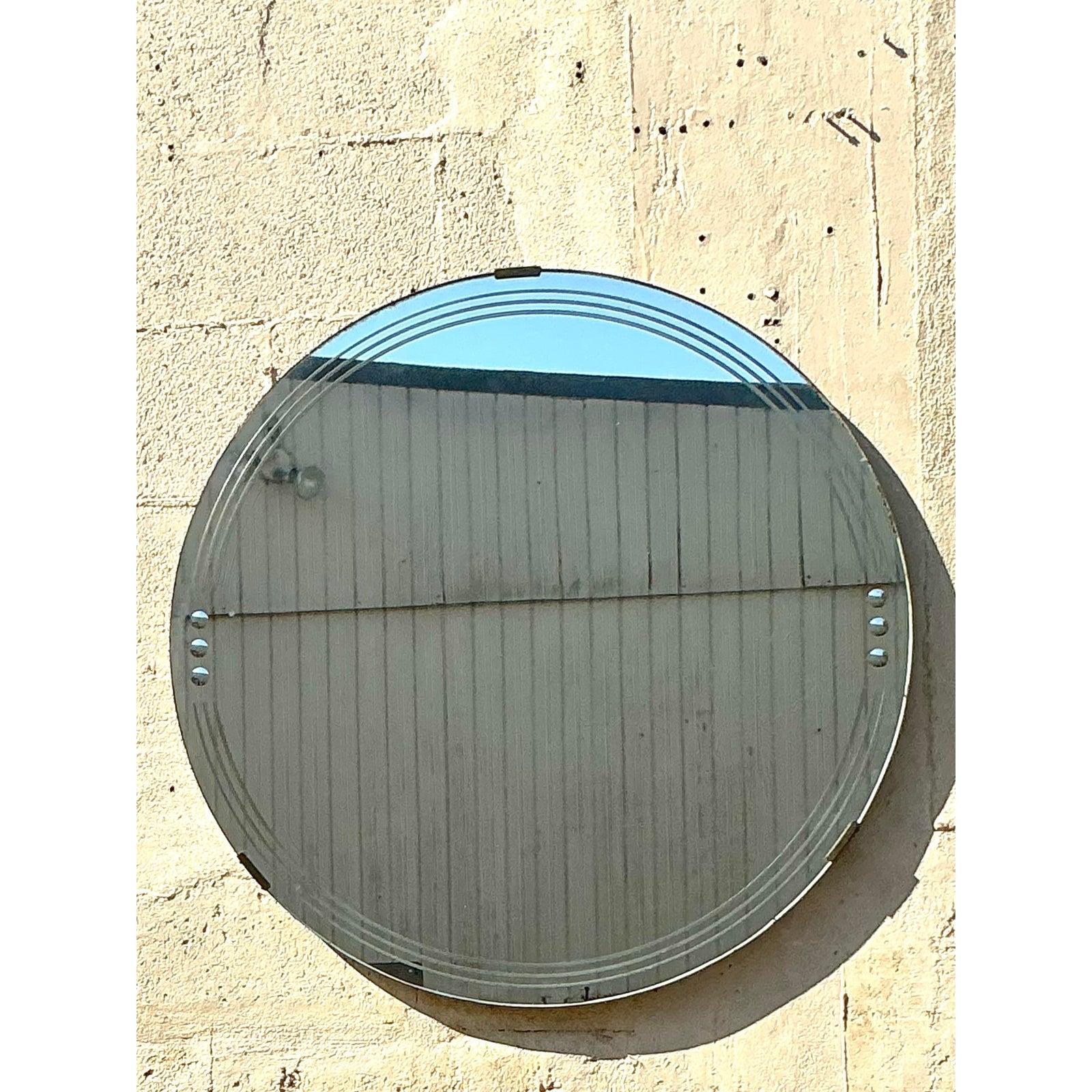 Américain Vintage Deco Etched Round Mirror en vente