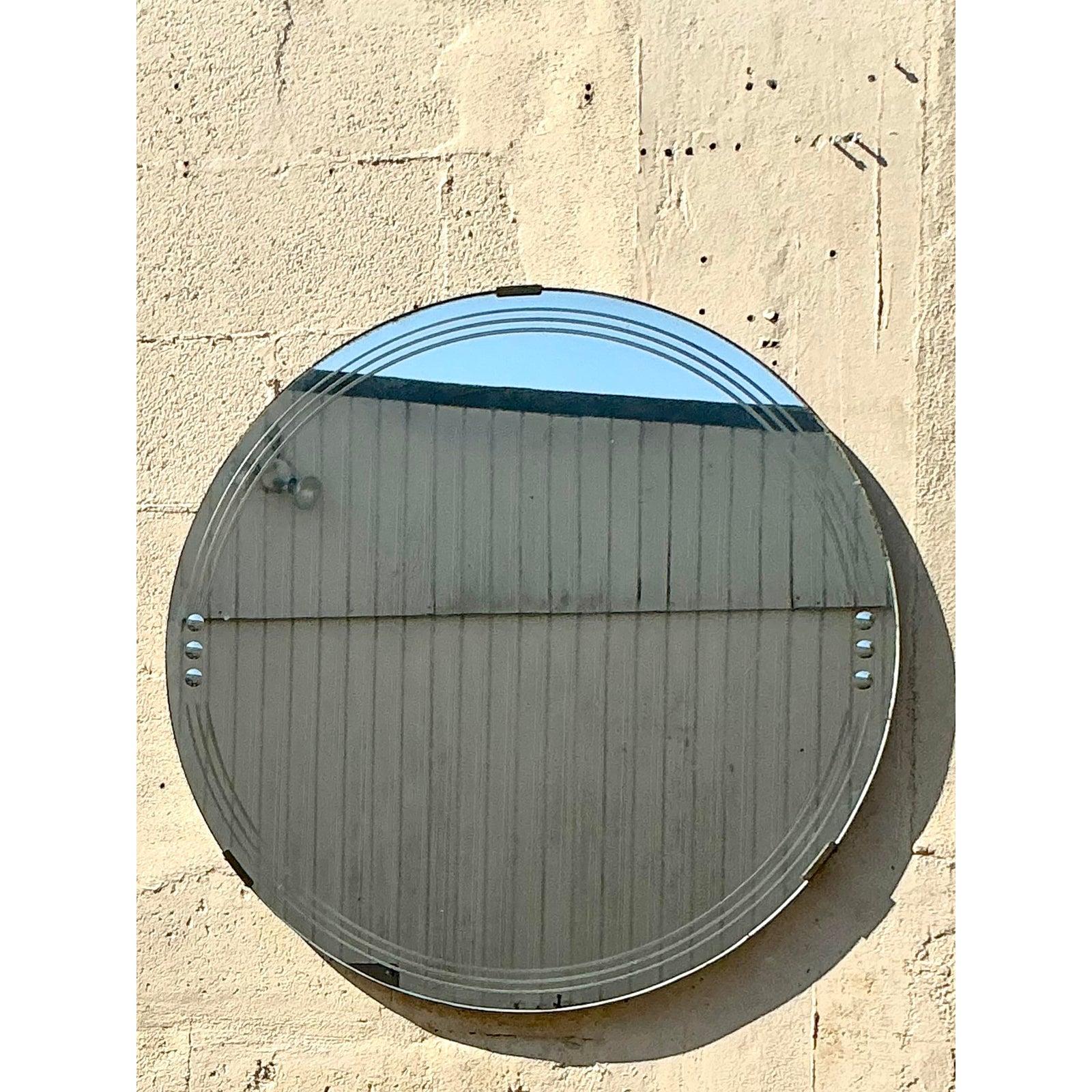 Vintage Deco Etched Round Mirror Bon état - En vente à west palm beach, FL