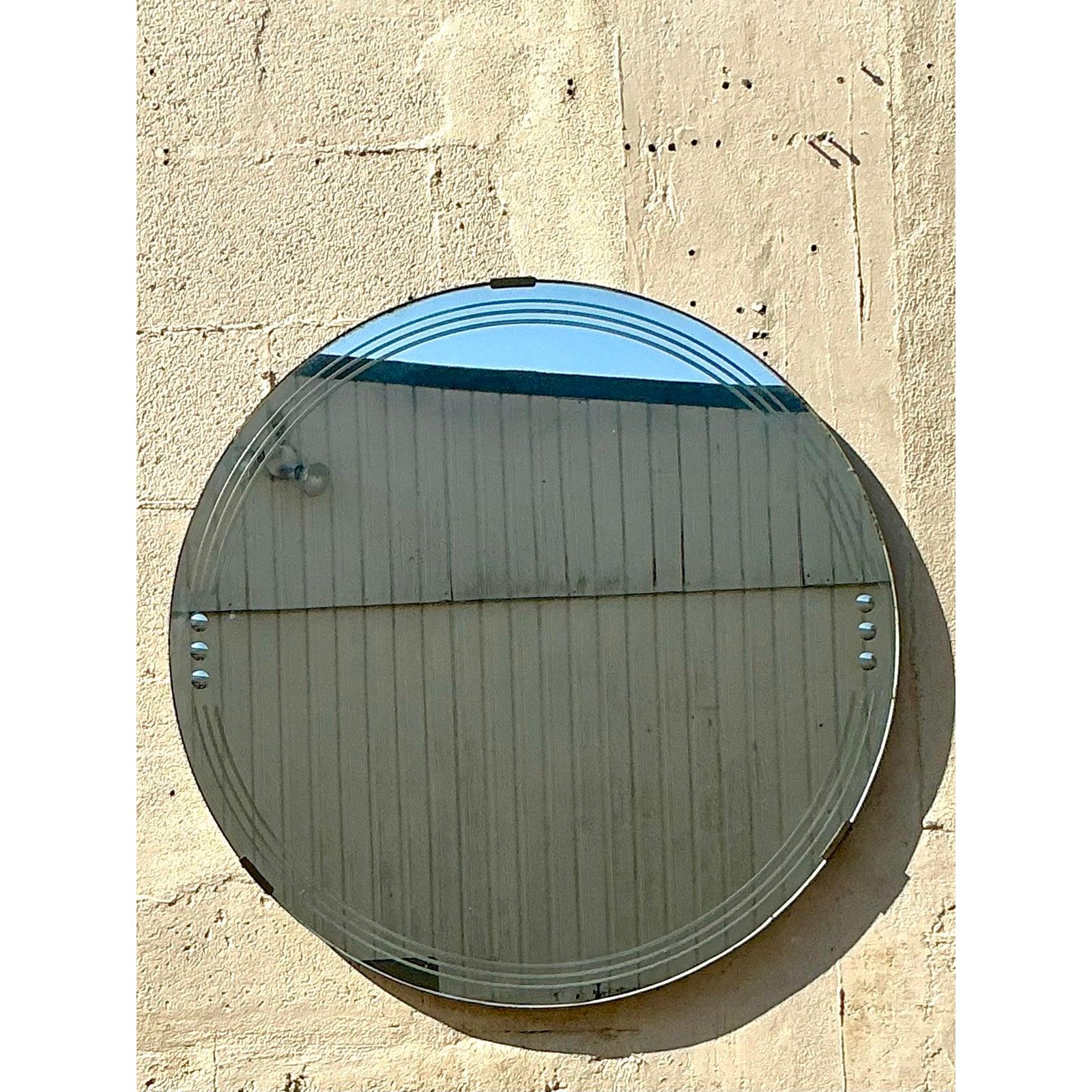 20ième siècle Vintage Deco Etched Round Mirror en vente