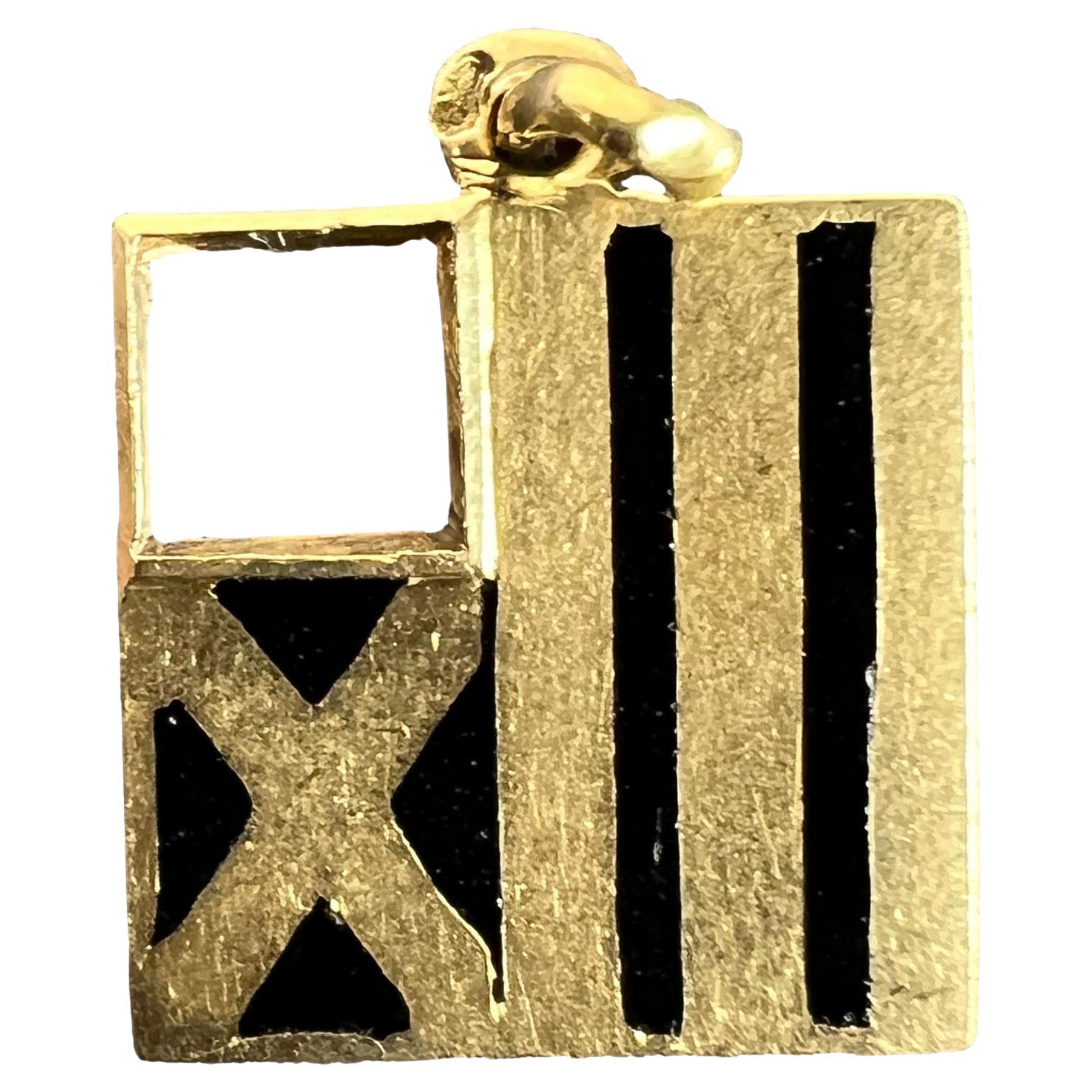 Vintage Deco February Wisdom Pisces Flag Enamel 18K Yellow Gold Charm Pendant