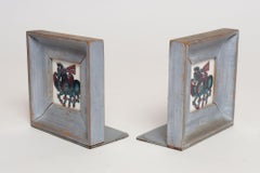 Vintage Deco Folk Art Painted Wood and Wheeling Ceramic Tile "Pegasus" Bookends