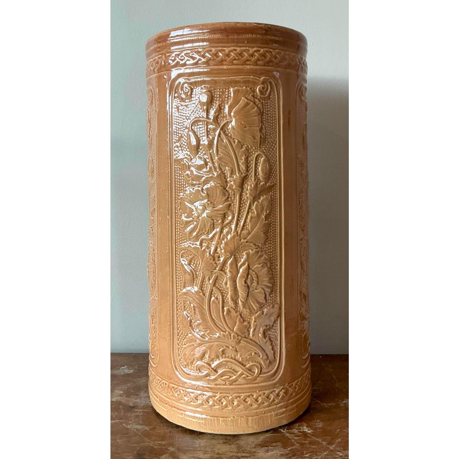 American Vintage Deco Glazed Ceramic Poppy Umbrella Stand For Sale