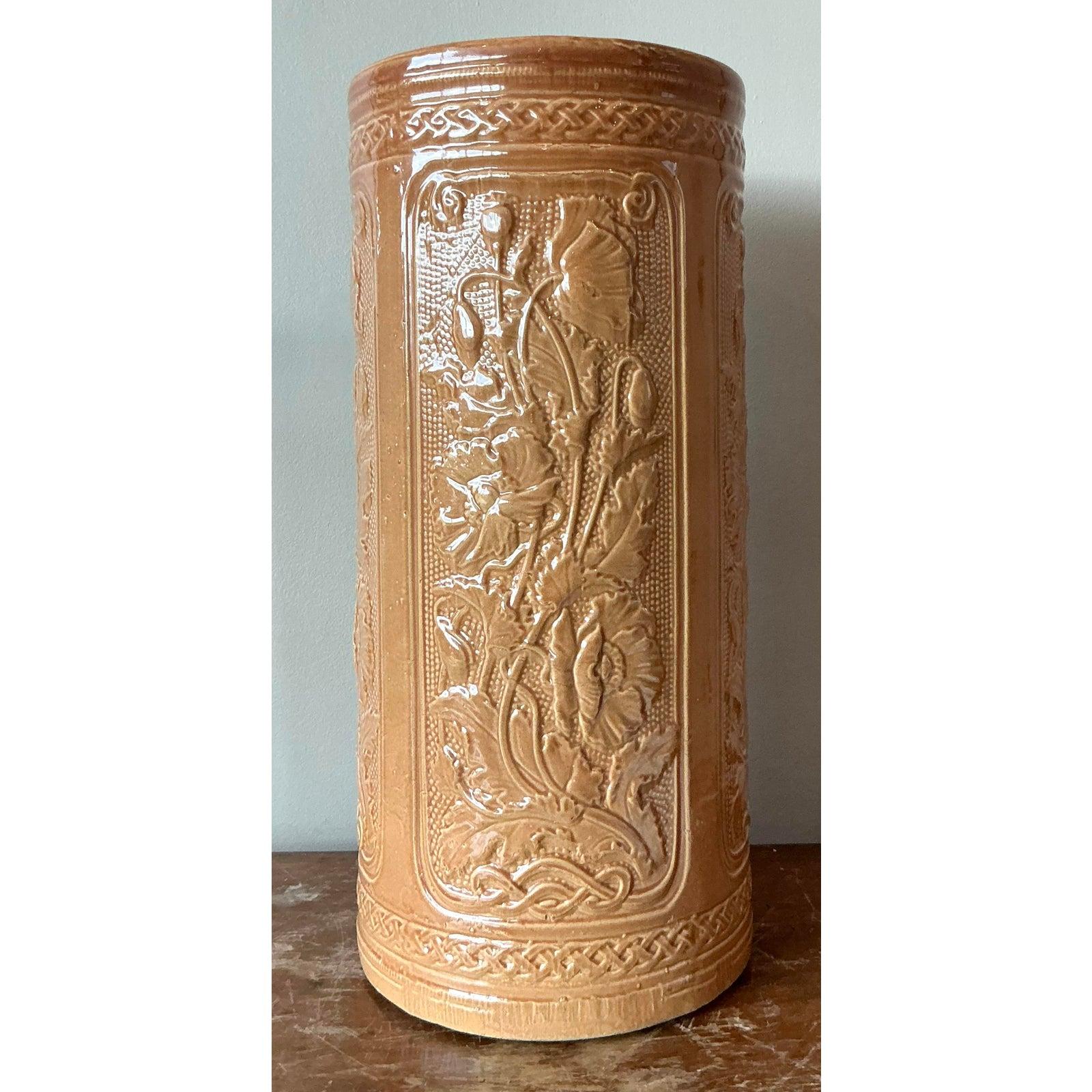 Vintage Deco Glazed Ceramic Poppy Umbrella Stand In Good Condition For Sale In West Palm Beach, FL