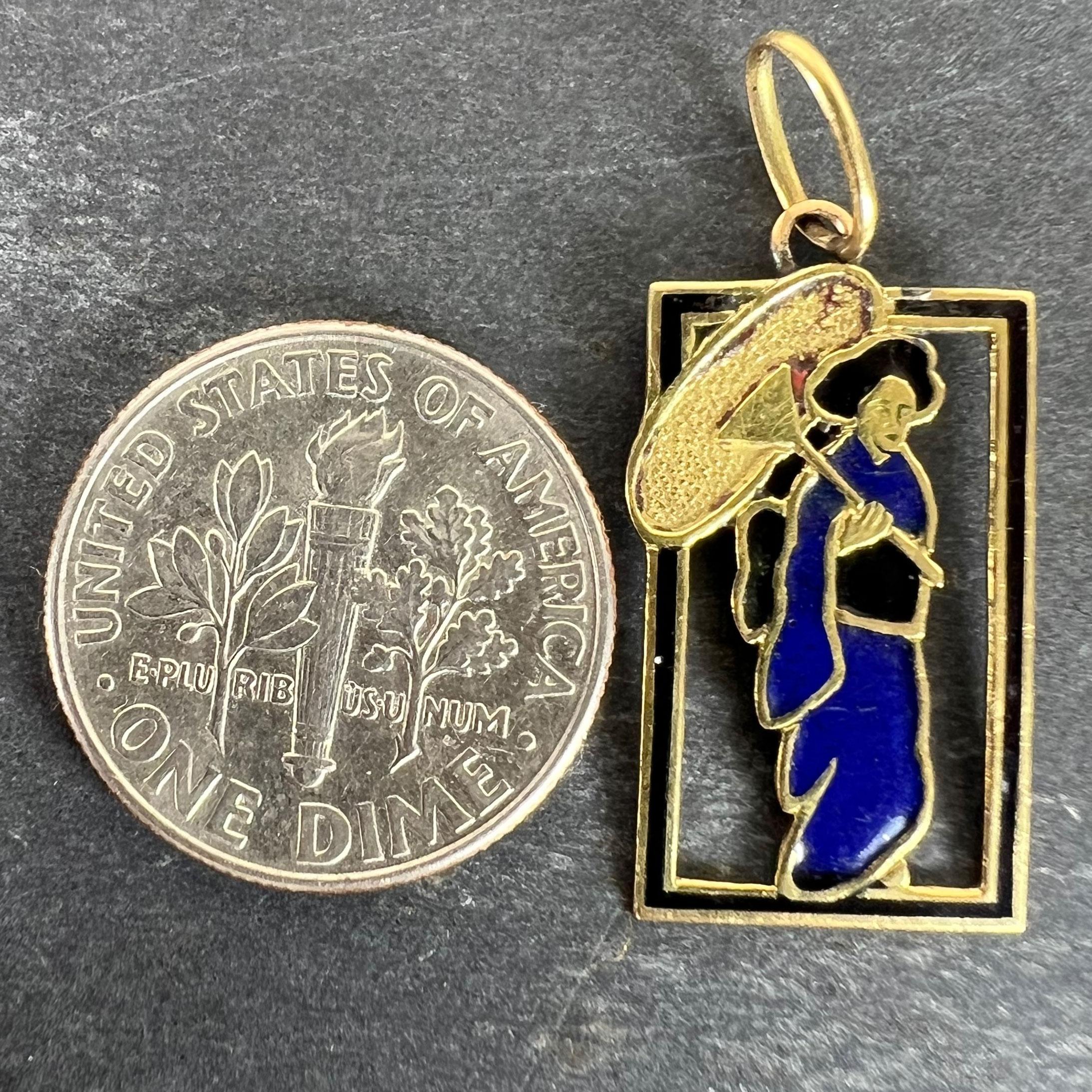 Vintage Deco Japanese Lady Geisha Kimono Enamel 18K Yellow Gold Charm Pendant For Sale 5