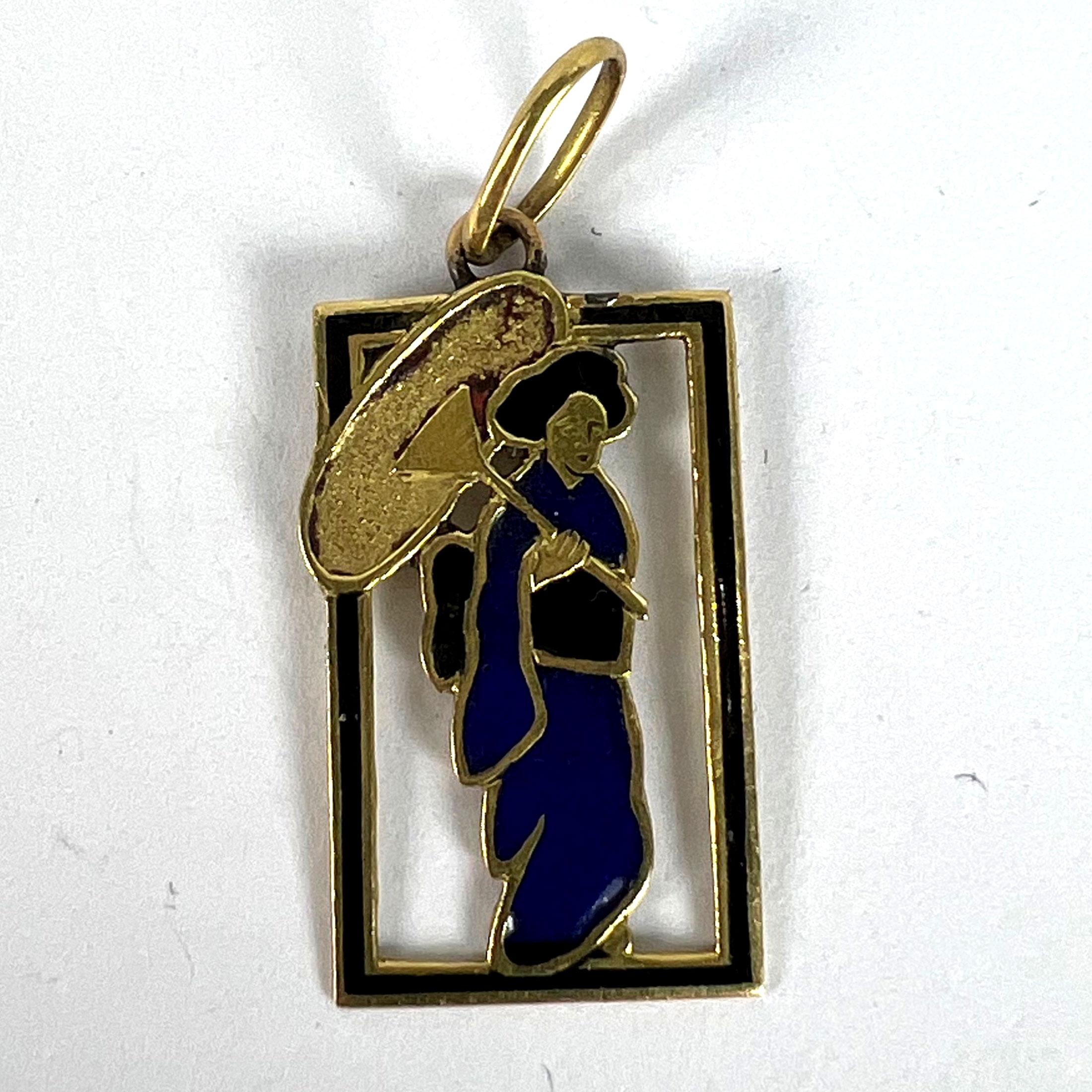 Vintage Deco Japanese Lady Geisha Kimono Enamel 18K Yellow Gold Charm Pendant For Sale 6