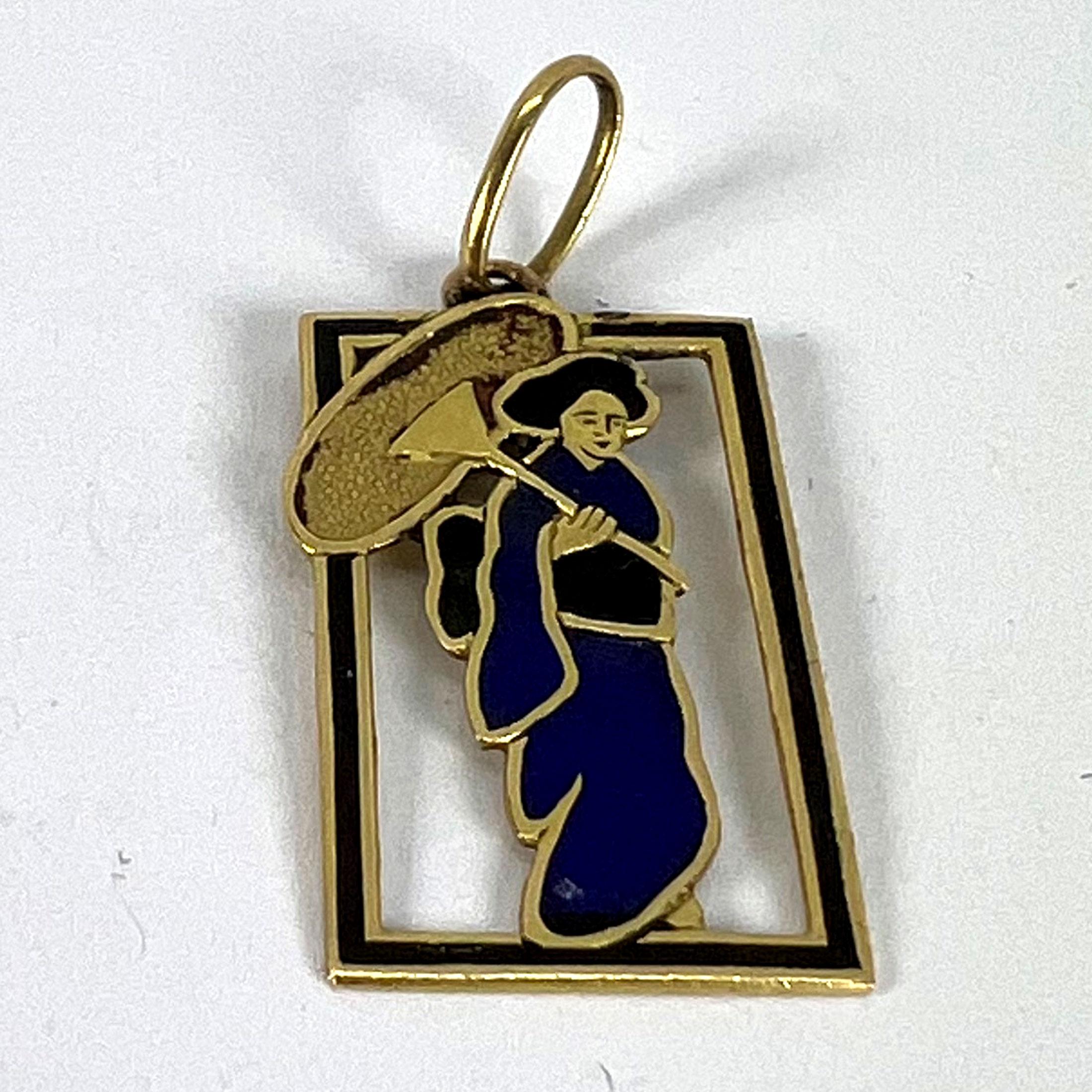 Vintage Deco Japanese Lady Geisha Kimono Enamel 18K Yellow Gold Charm Pendant For Sale 8