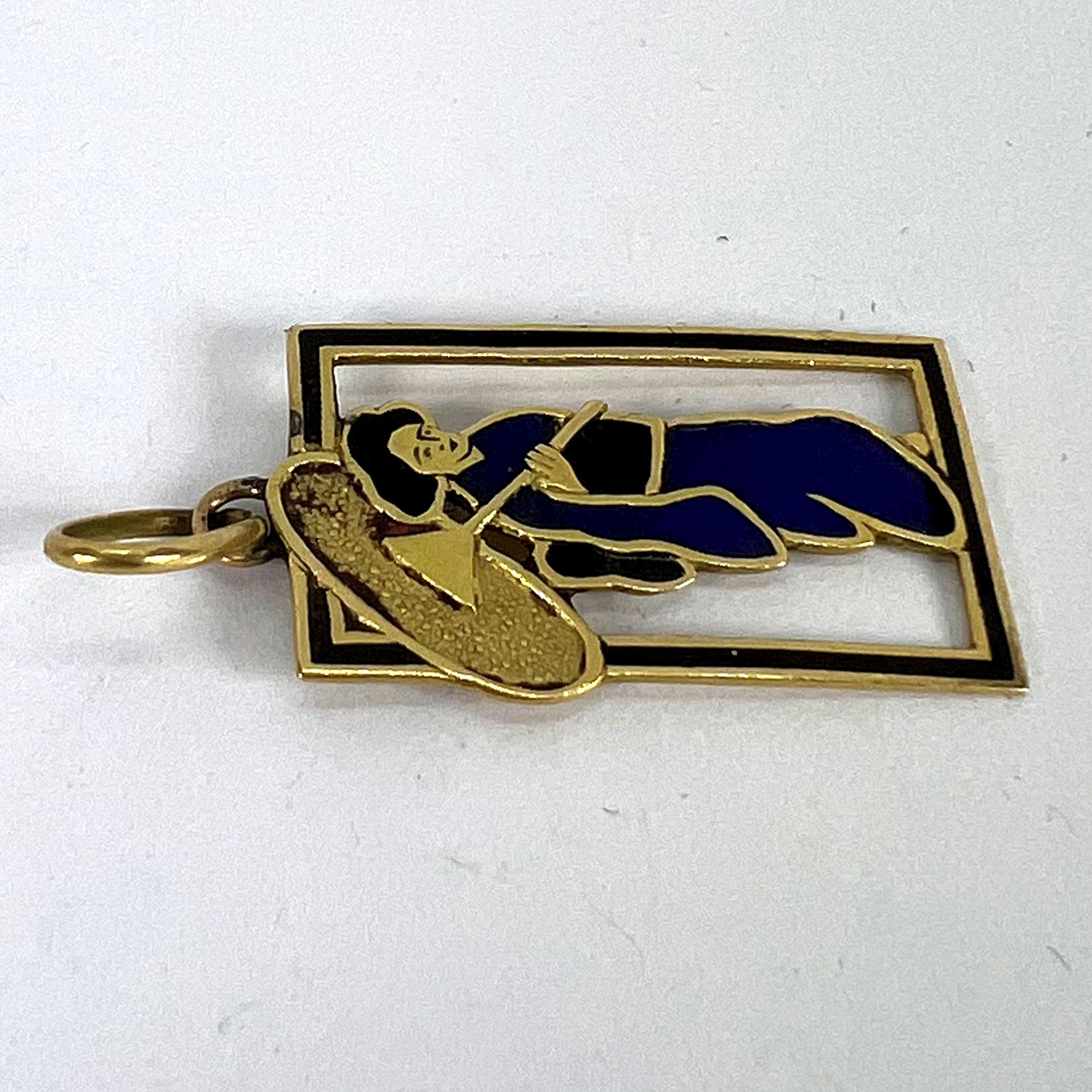 Vintage Deco Japanese Lady Geisha Kimono Enamel 18K Yellow Gold Charm Pendant For Sale 9