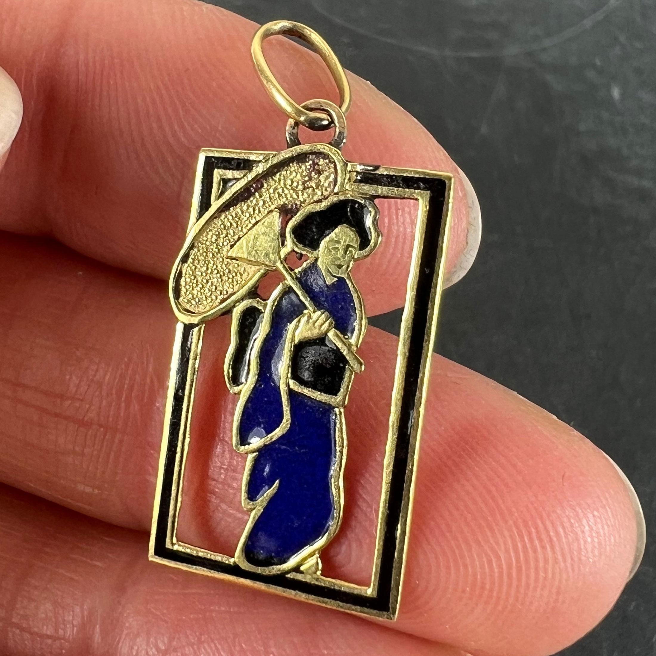 Women's Vintage Deco Japanese Lady Geisha Kimono Enamel 18K Yellow Gold Charm Pendant For Sale