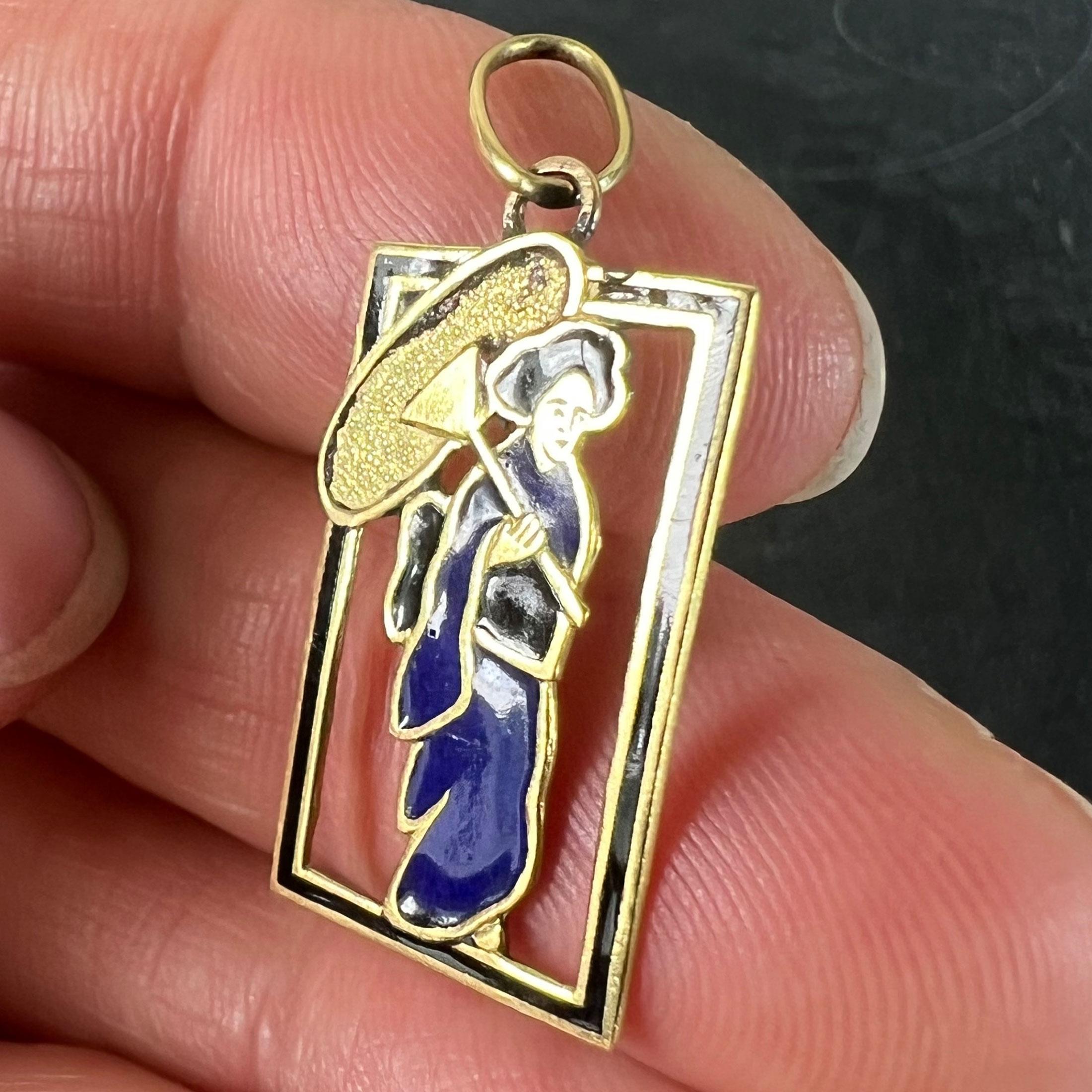 Vintage Deco Japanese Lady Geisha Kimono Enamel 18K Yellow Gold Charm Pendant For Sale 1